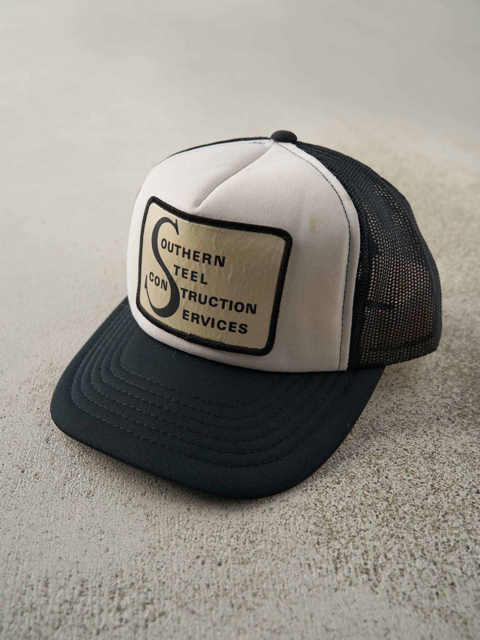 Vintage 80s Black & White Southern Steel Foam Trucker Hat