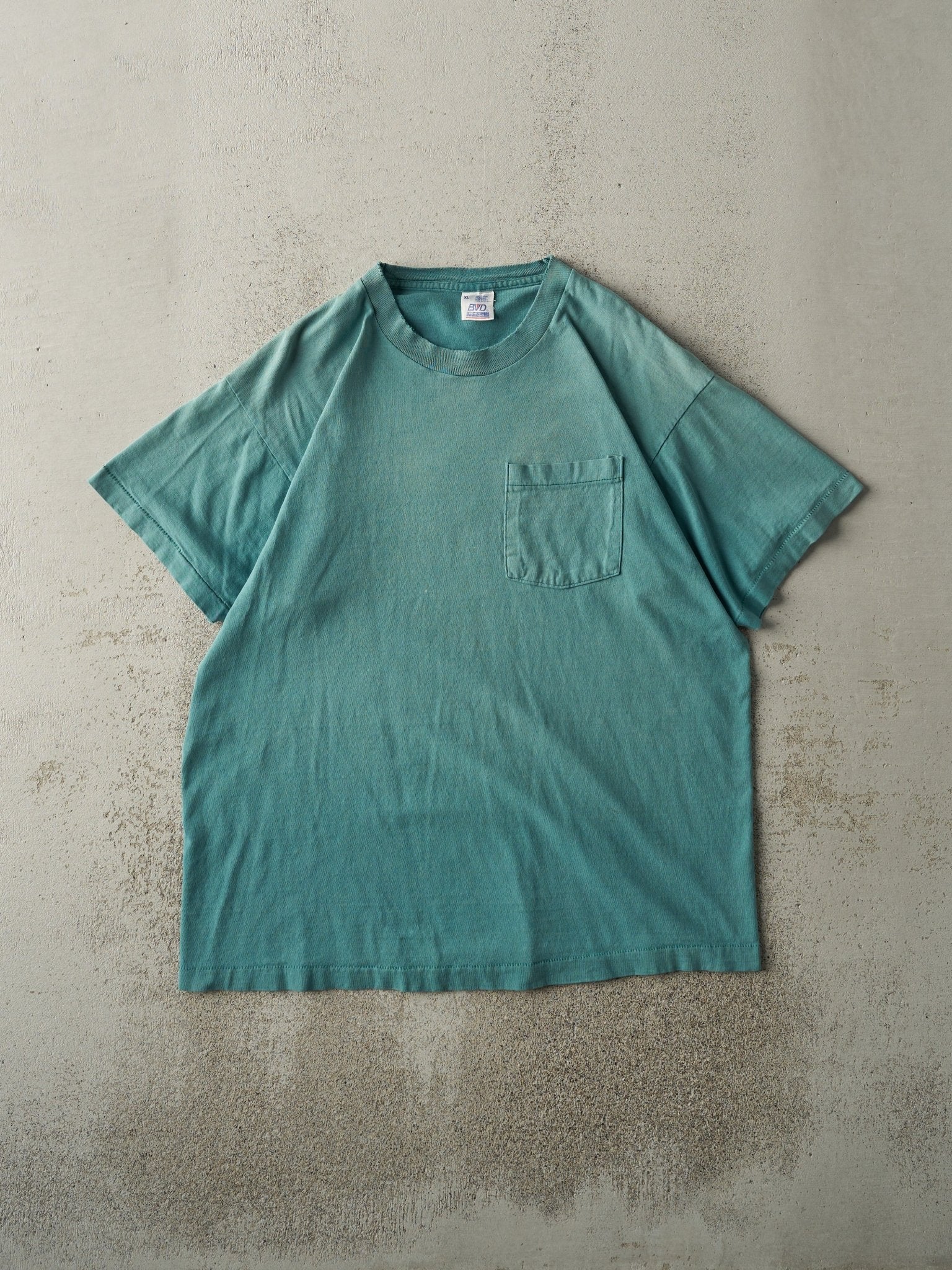 Vintage 90s Sun Faded Teal Blank Pocket Single Stitch Tee (M/L)