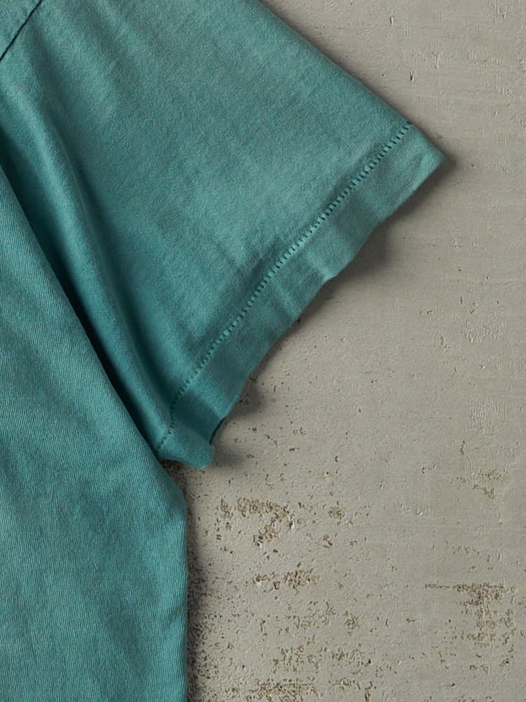 Vintage 90s Sun Faded Teal Blank Pocket Single Stitch Tee (M/L)