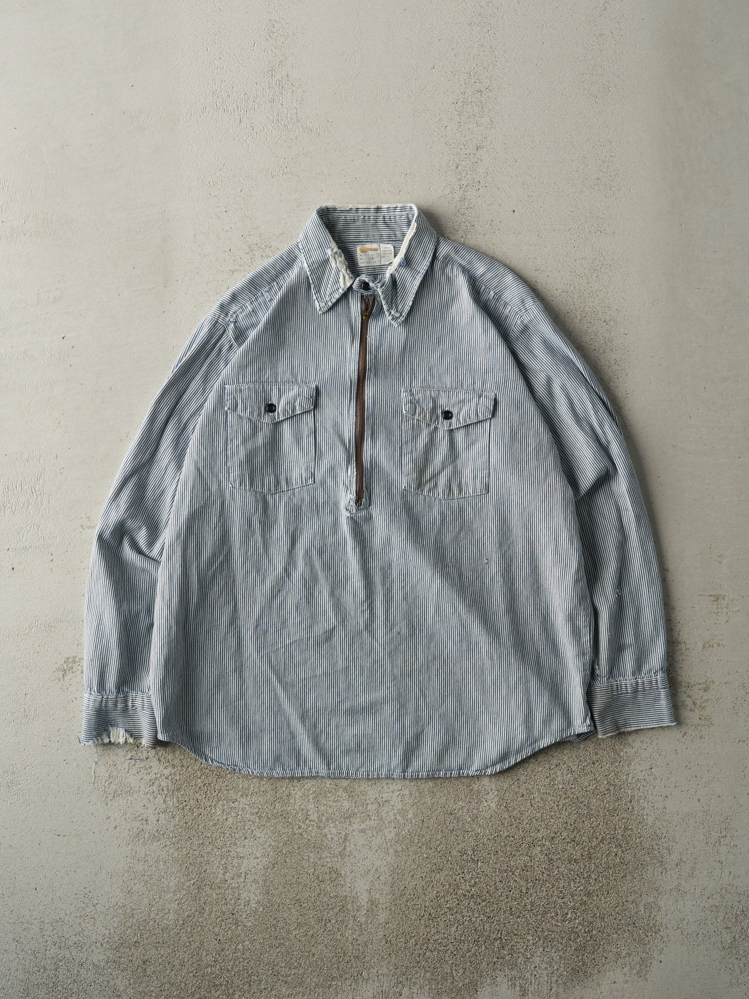 Vintage 60s Rare Blue & White Striped Quarter Zip Long Sleeve Workwear Shirt (L)