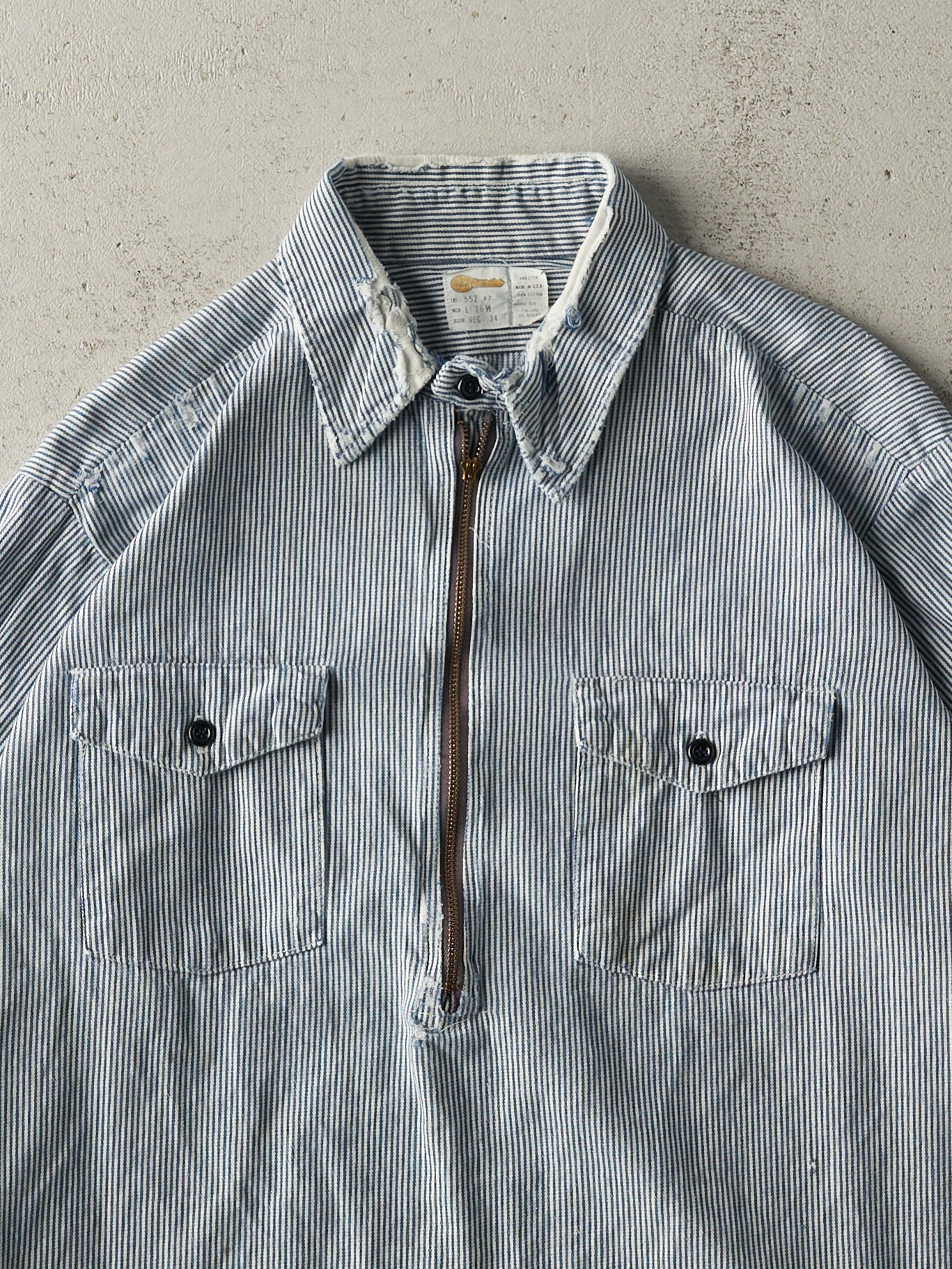 Vintage 60s Rare Blue & White Striped Quarter Zip Long Sleeve Workwear Shirt (L)
