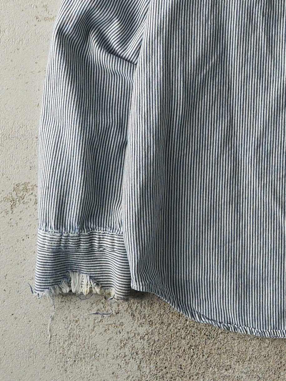Vintage 60s Rare Blue & White Striped Quarter Zip Long Sleeve Workwear Shirt (L)