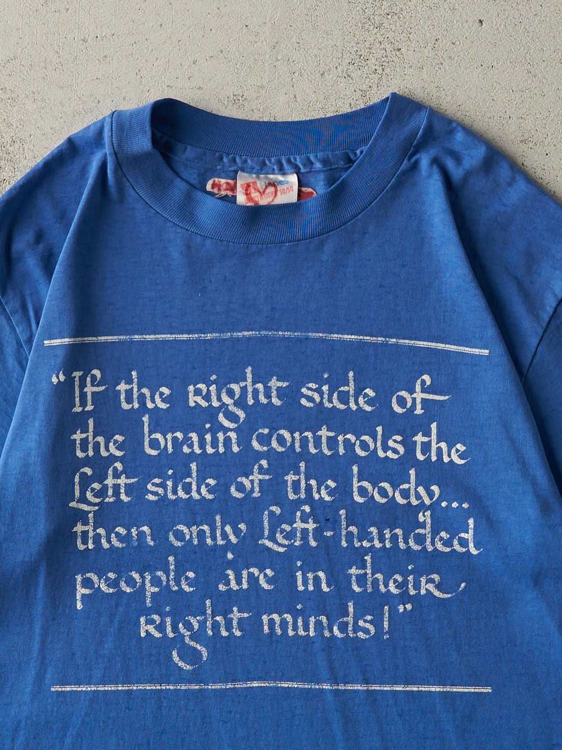Vintage 80s Blue "Left Handed" Slogan Single Stitch Tee (S/M)