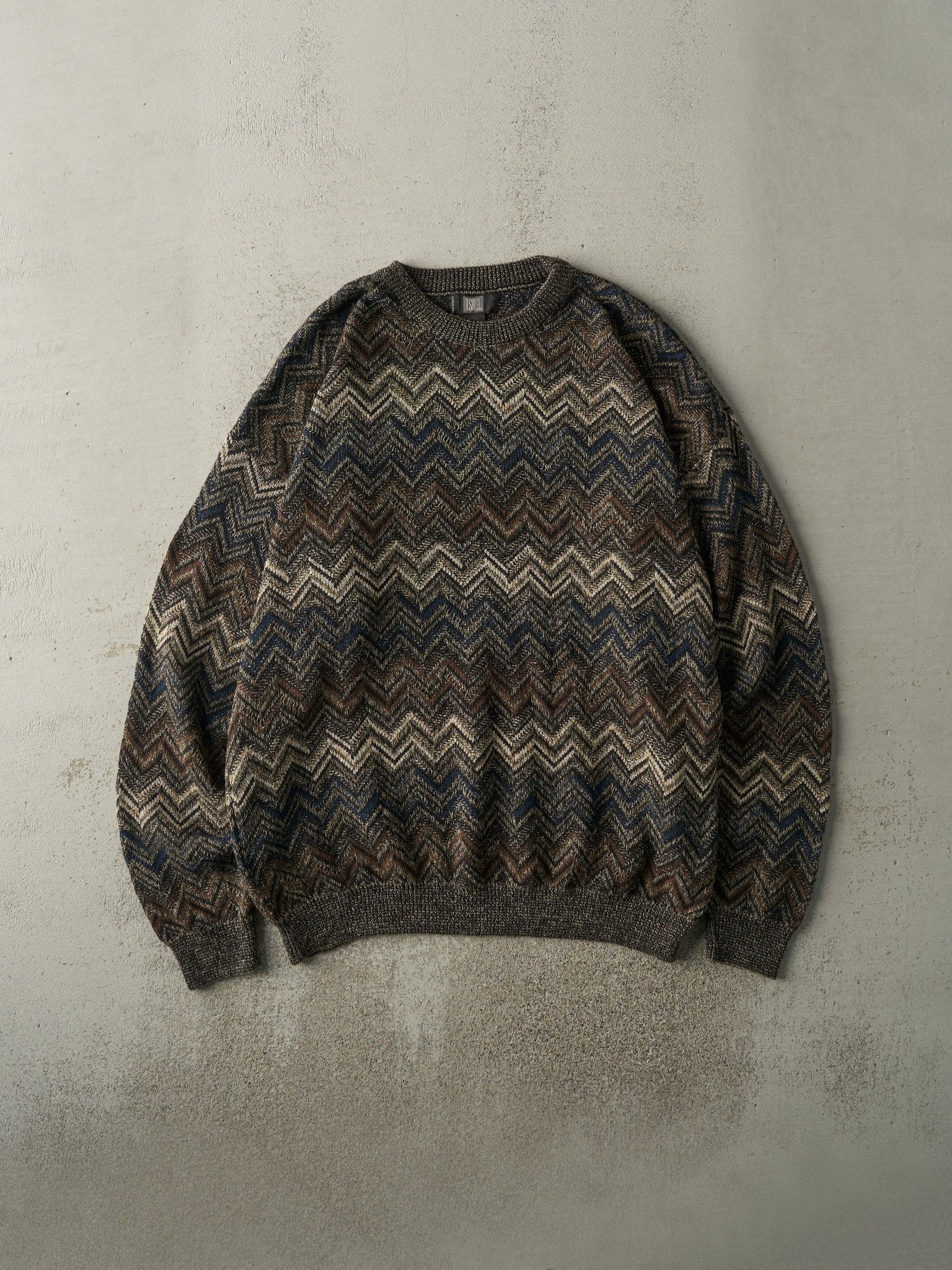 Vintage 90s Brown, Beige & Navy Zig Zag Knit (XL)