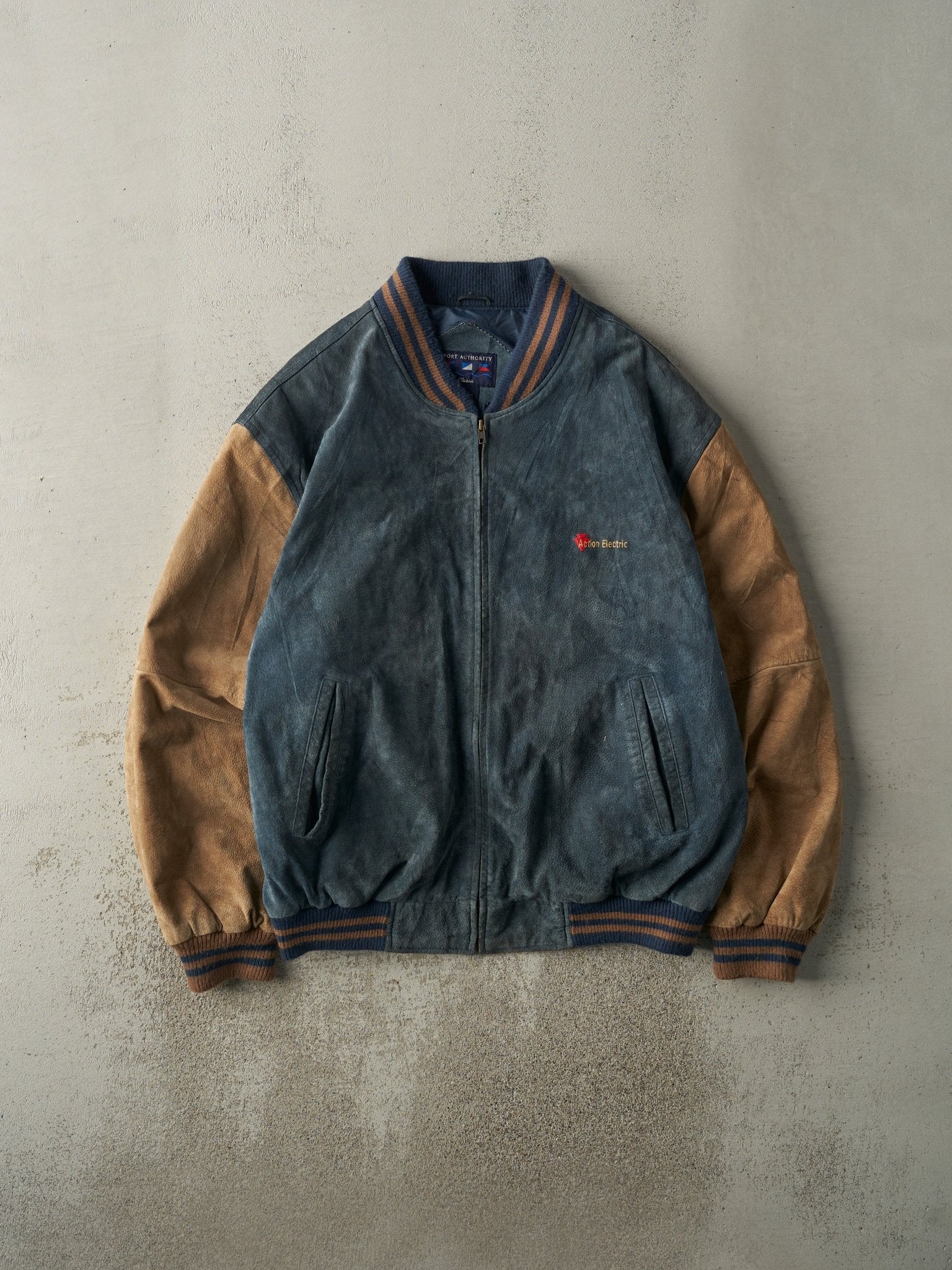 Vintage 90s Navy & Brown Suede Bomber Jacket (XL)