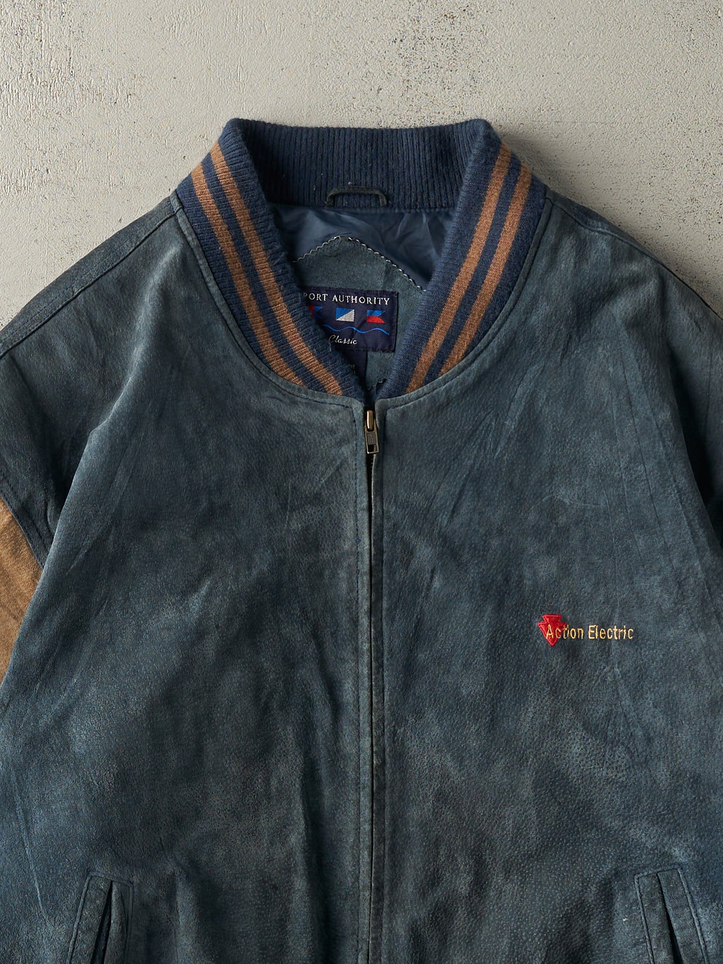 Vintage 90s Navy & Brown Suede Bomber Jacket (XL)