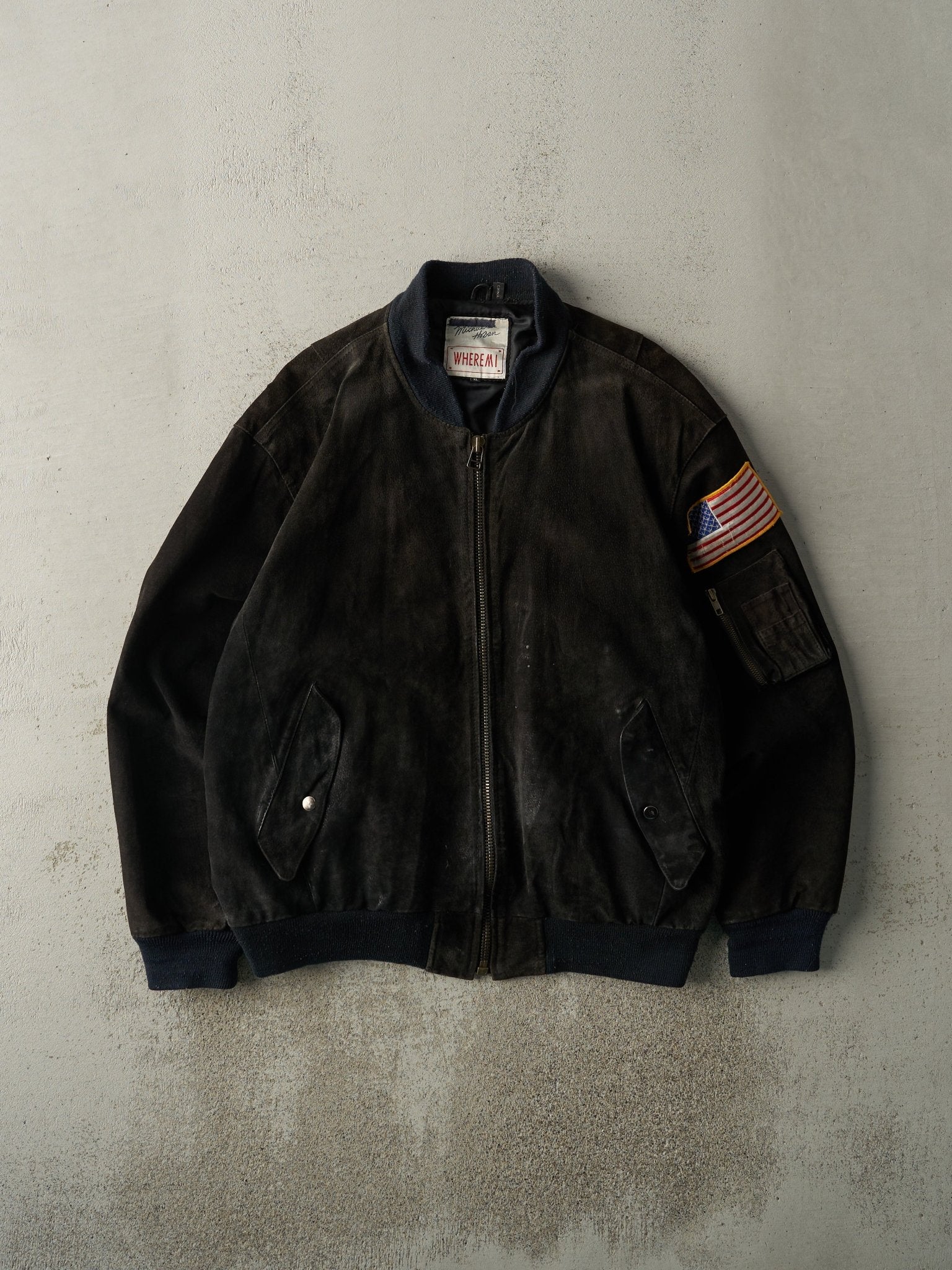 Vintage 90s Black & Navy Blue Michael Hoban US Navy Suede Bomber Jacket (XL/XXL)