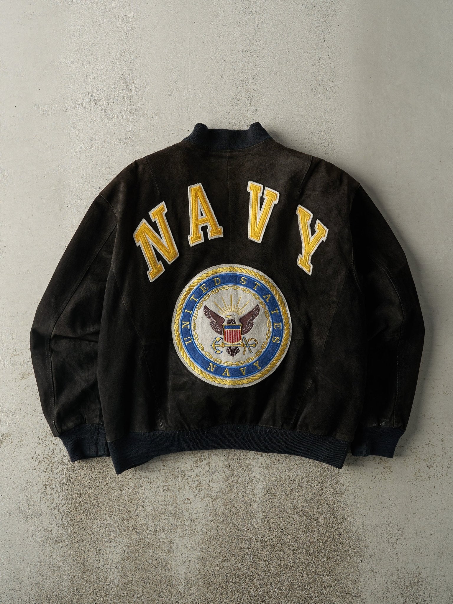 Vintage 90s Black & Navy Blue Michael Hoban US Navy Suede Bomber Jacket (XL/XXL)