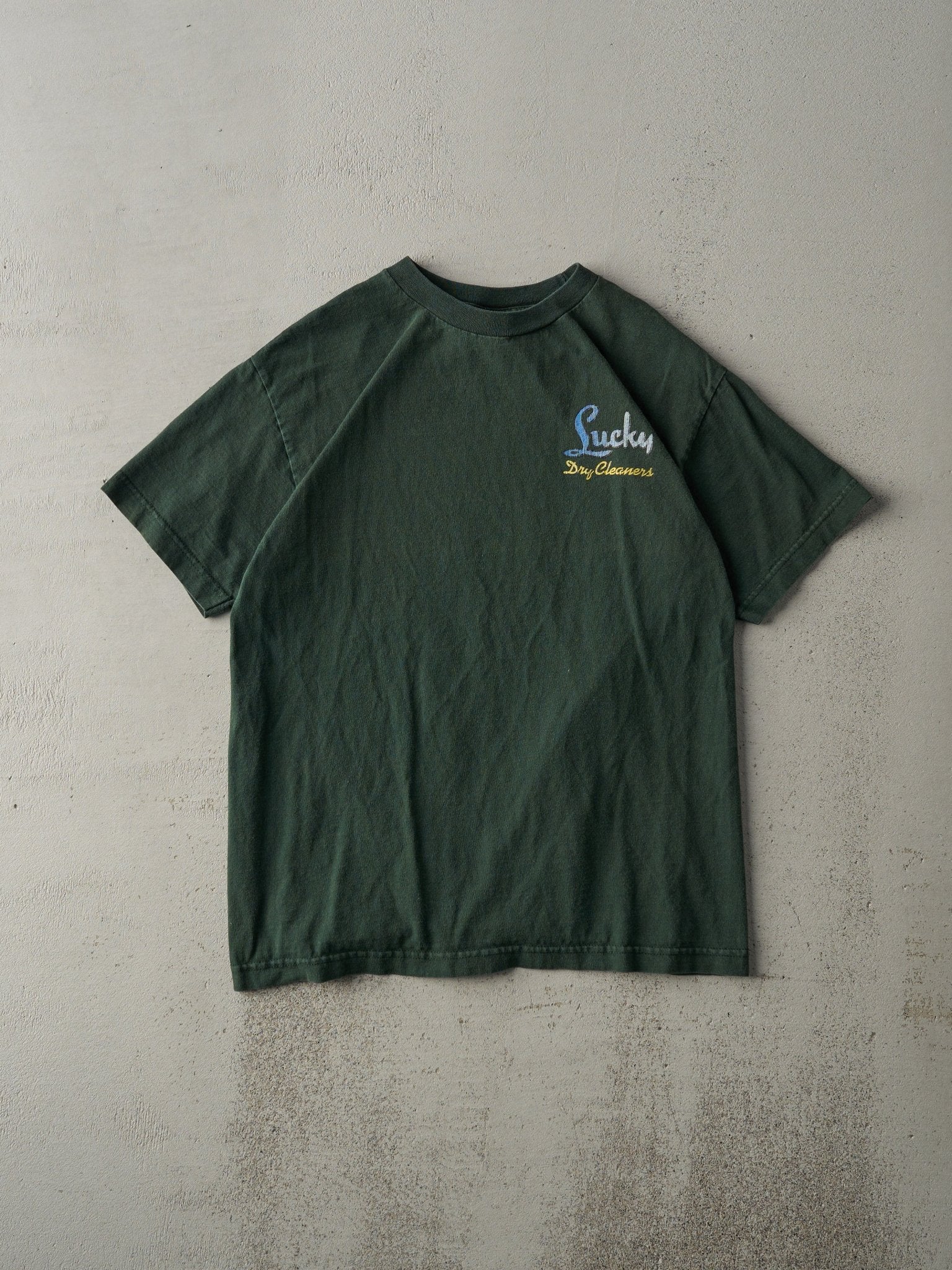 Vintage Y2K Forest Green "Lucky Dry Cleaners" Tee (S)