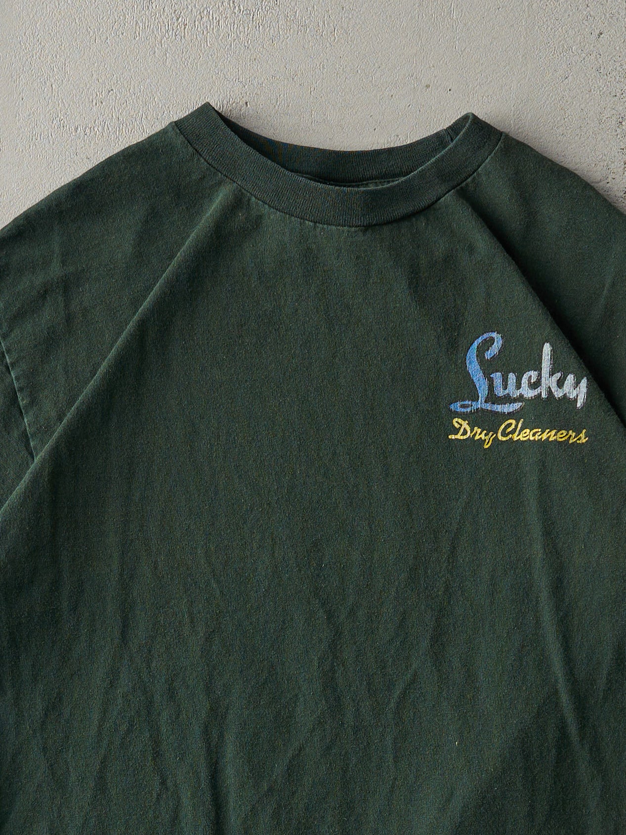 Vintage Y2K Forest Green "Lucky Dry Cleaners" Tee (S)