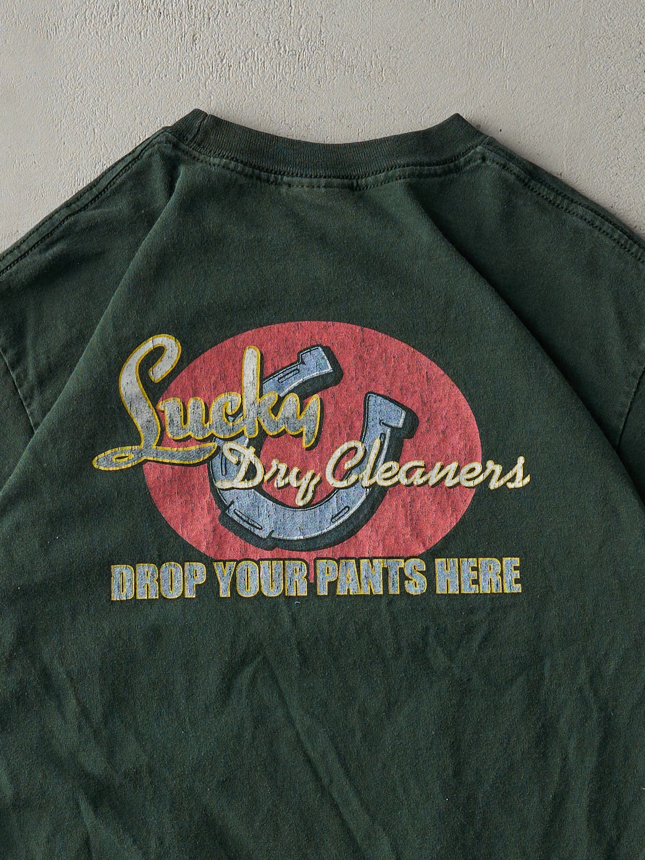Vintage Y2K Forest Green "Lucky Dry Cleaners" Tee (S)