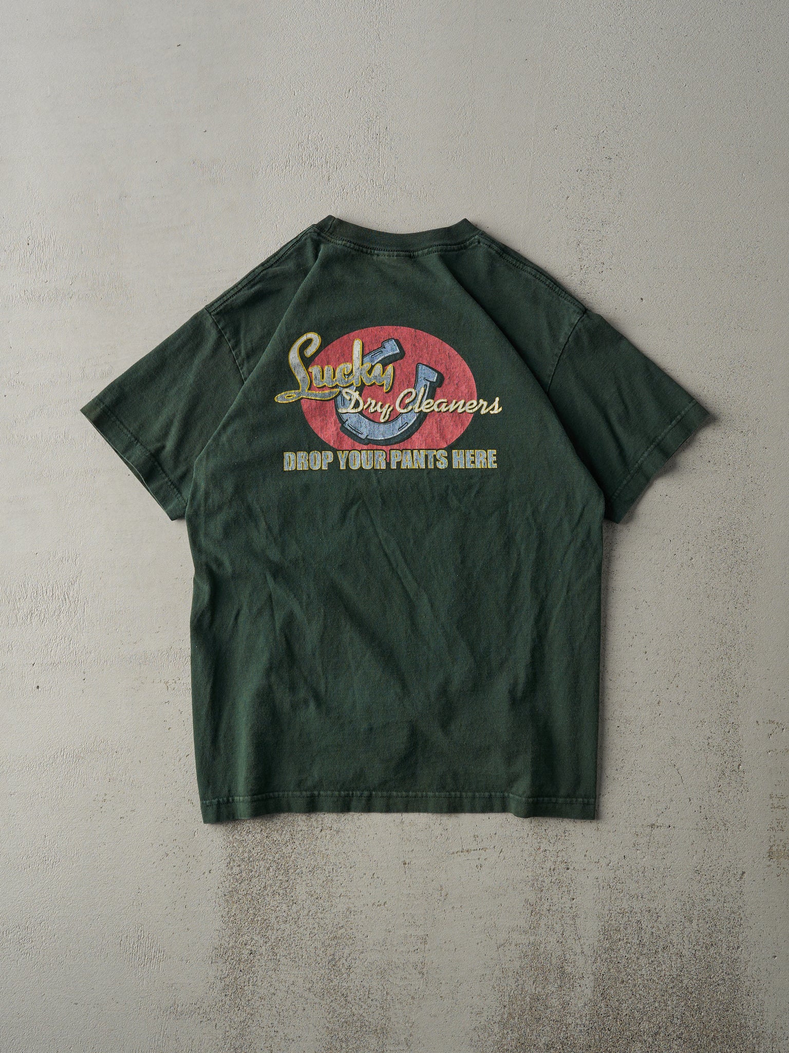 Vintage Y2K Forest Green "Lucky Dry Cleaners" Tee (S)