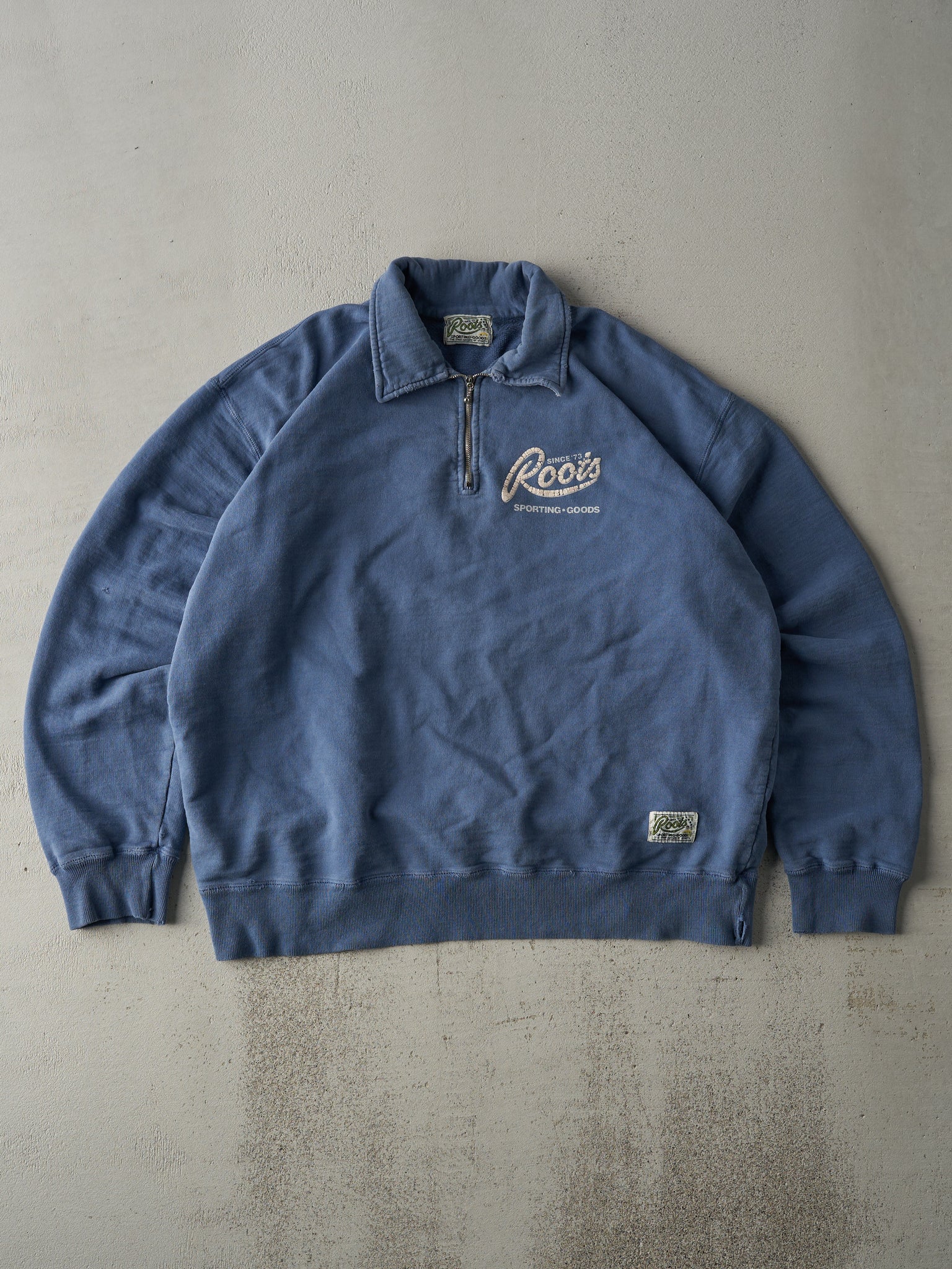 Vintage 90s Slate Blue Roots Quarter Zip Boxy Crewneck (XL)