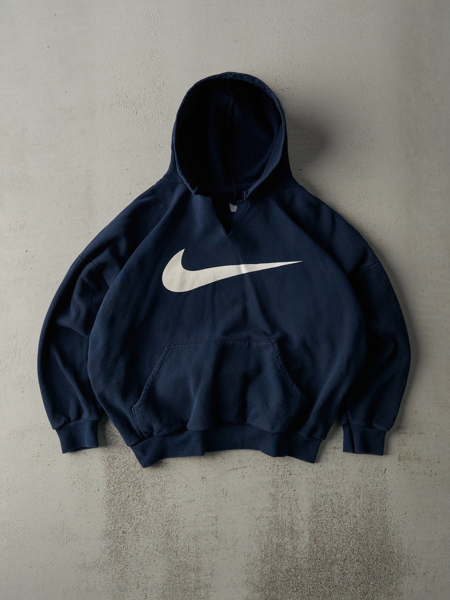 Vintage 90s Navy Blue Nike Big Swoosh Wide Hoodie (M)