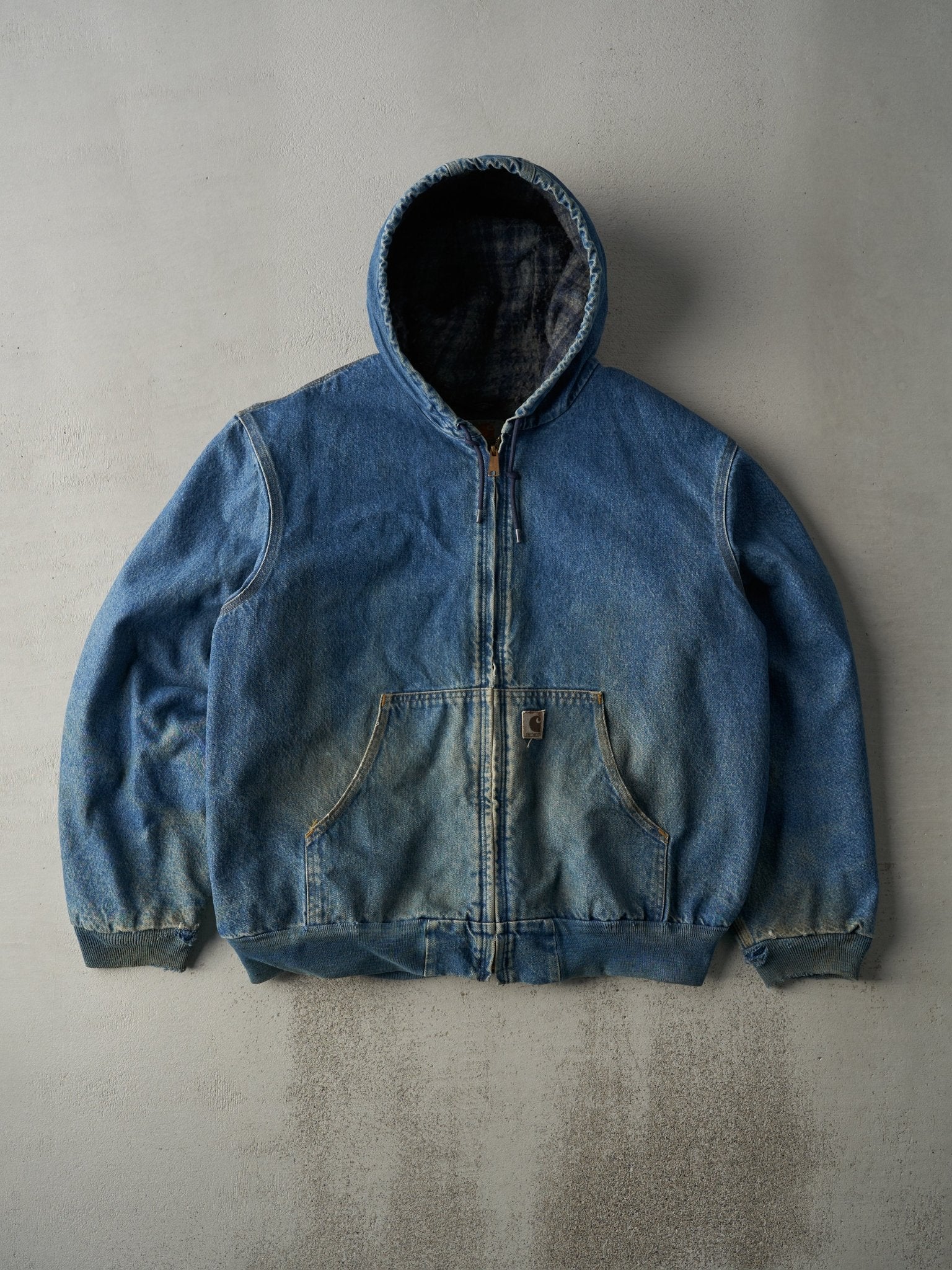 Vintage 90s Mid Wash Carhartt Hooded Blanket Lined Denim Workwear Jacket (L/XL)