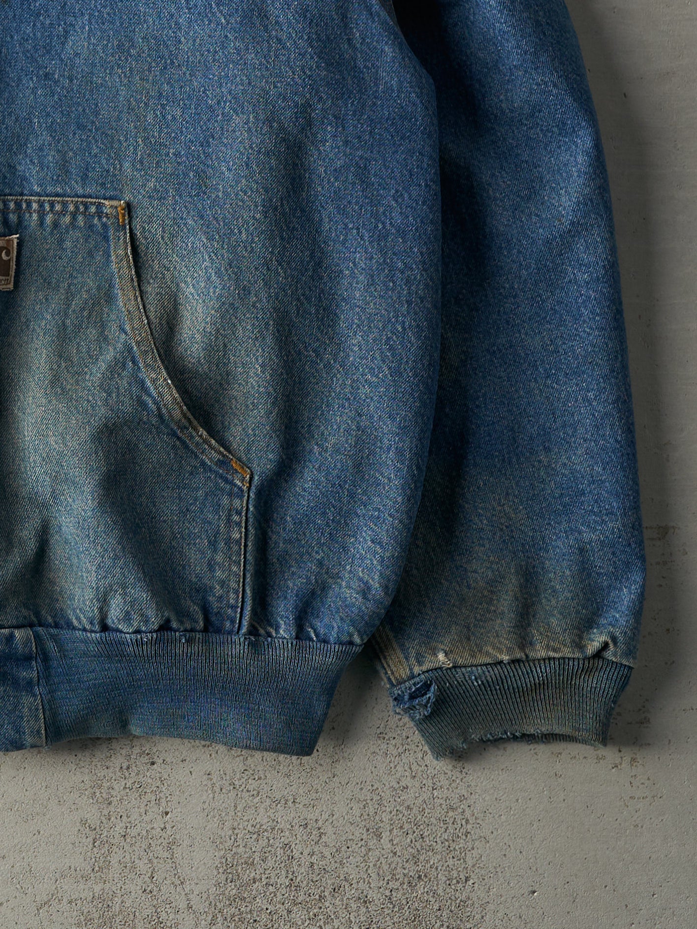 Vintage 90s Mid Wash Carhartt Hooded Blanket Lined Denim Workwear Jacket (L/XL)