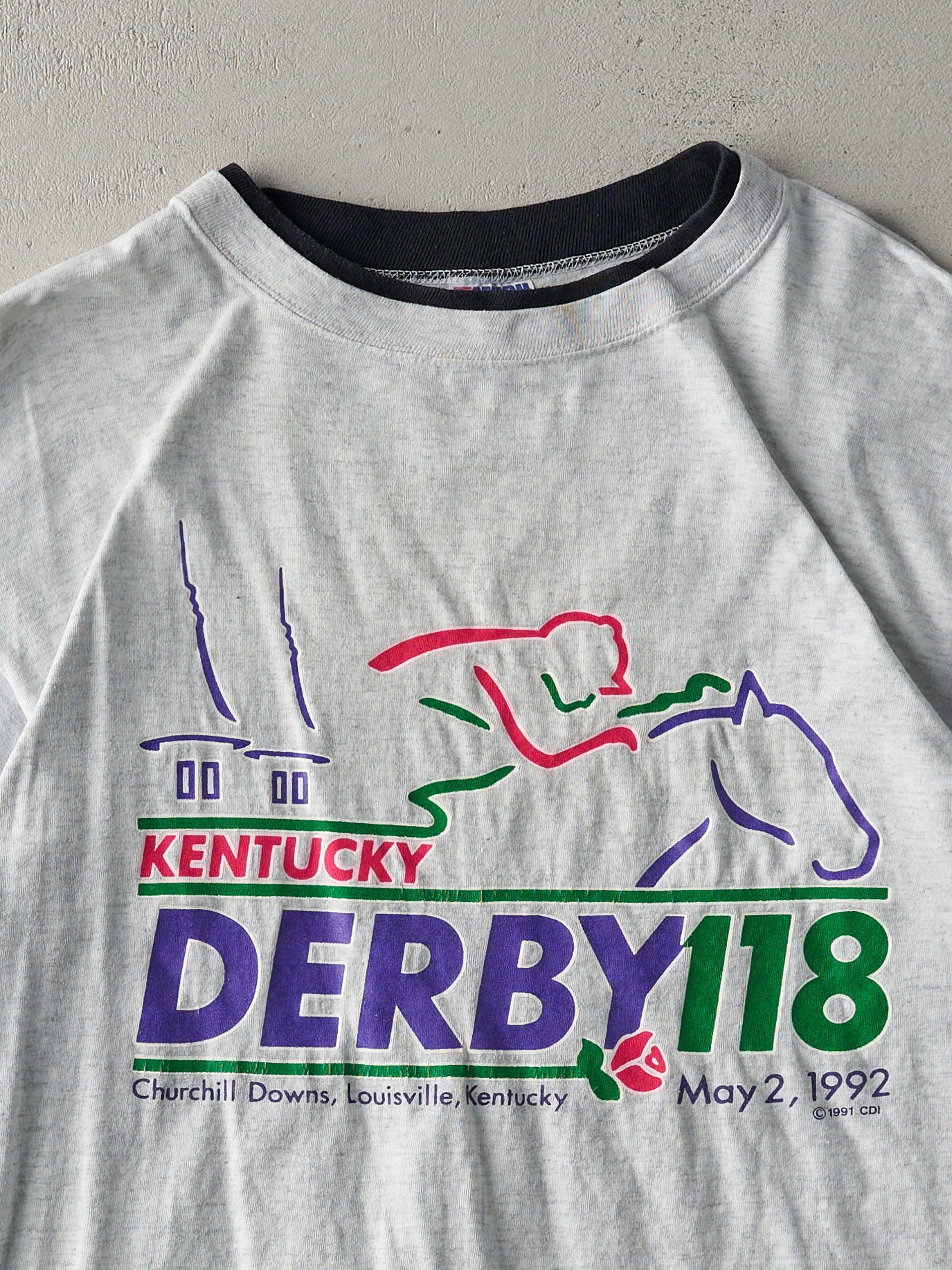 Vintage 92' Heather Grey Kentucky Derby Double Sleeve Tee (M)