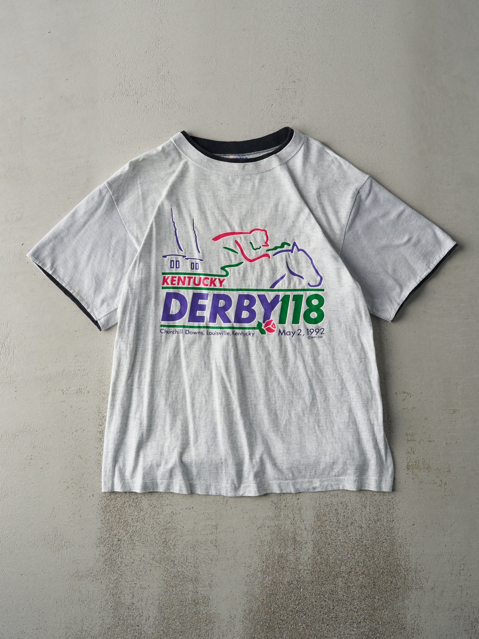 Vintage 92' Heather Grey Kentucky Derby Double Sleeve Tee (M)