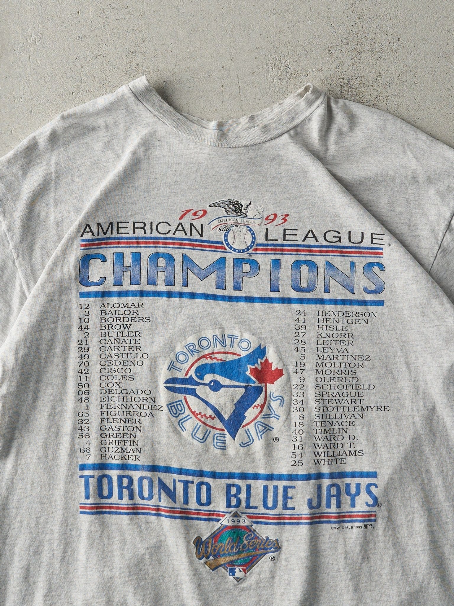 Vintage 93' Heather Grey Toronto Blue Jays American League Champions Single Stitch Tee (M)