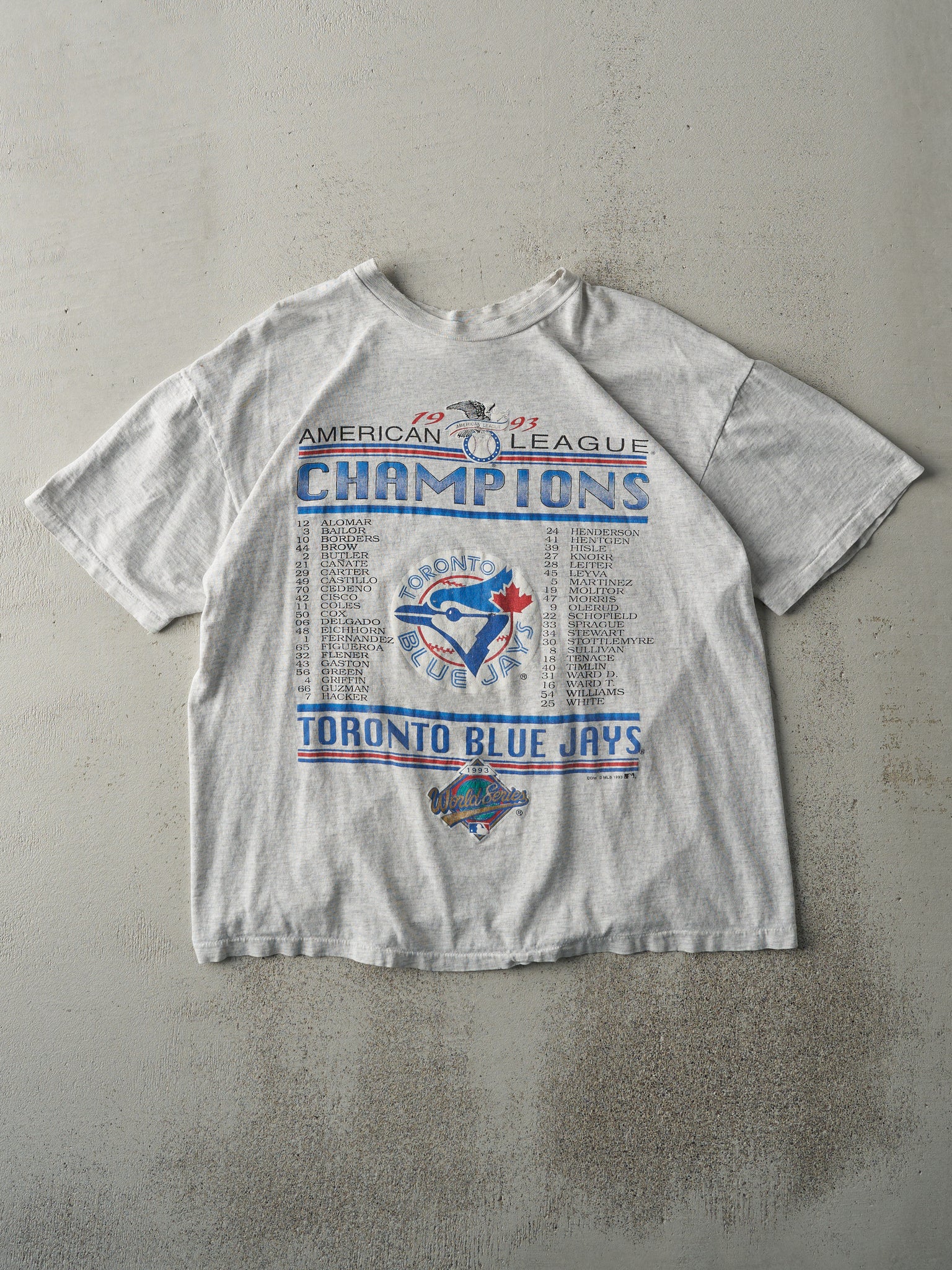 Vintage 93' Heather Grey Toronto Blue Jays American League Champions Single Stitch Tee (M)