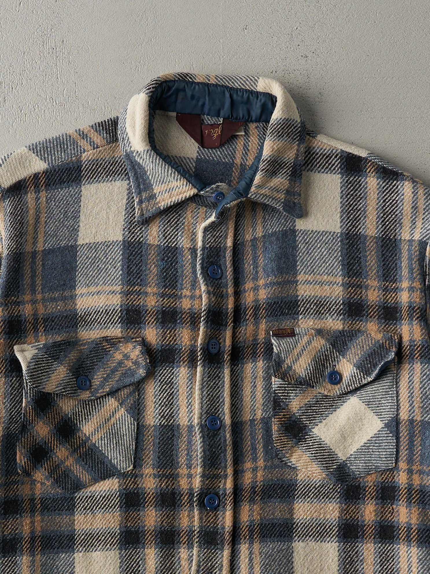 Vintage 70s Beige and Blue Flannel  Shaket (L)