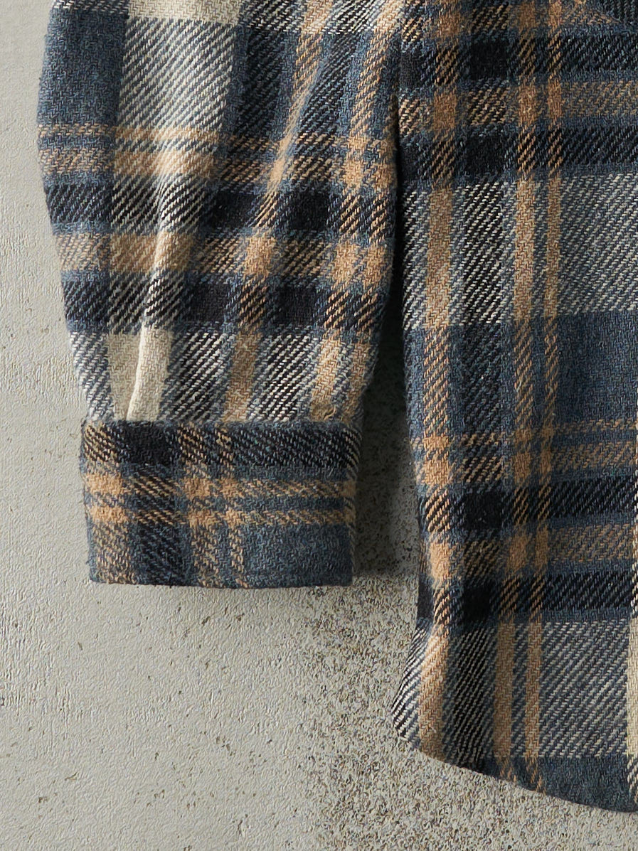 Vintage 70s Beige and Blue Flannel  Shaket (L)