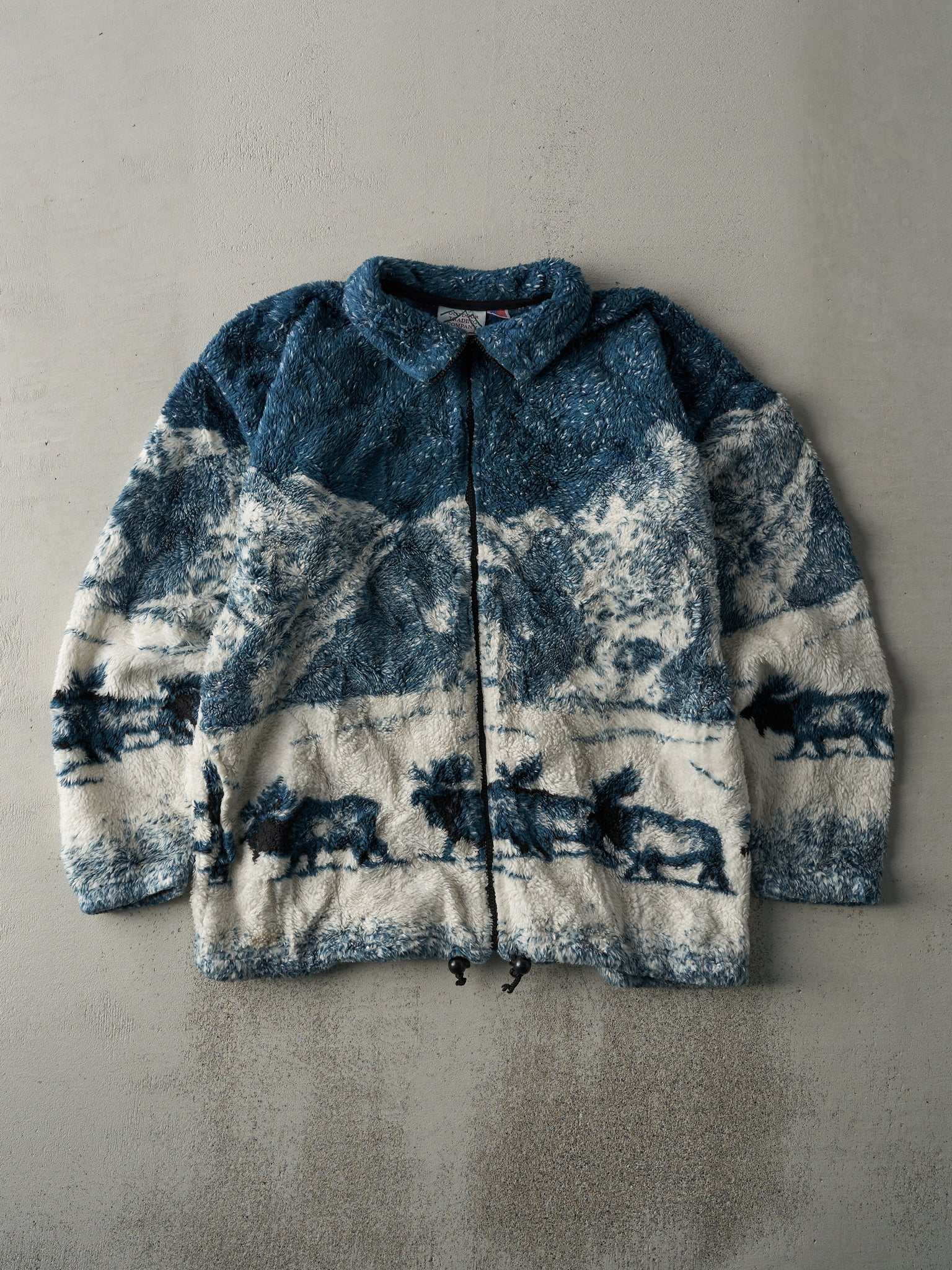 Vintage 90s Blue and White Nature Print Sherpa Sweater (L)