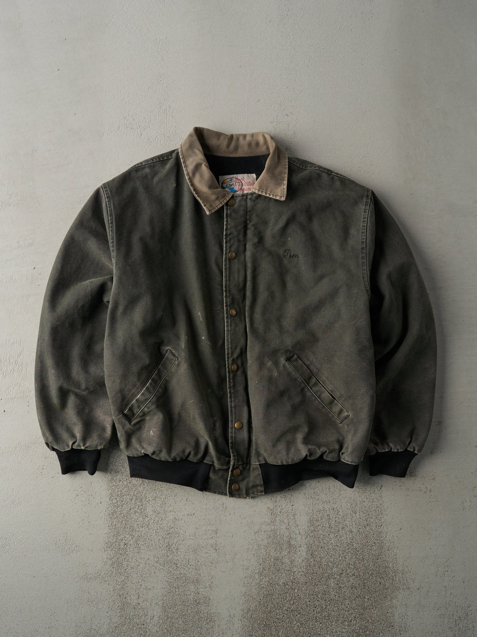 Vintage 90s Washed Green Embroidered "Jim" Collared Work Jacket (L/XL)