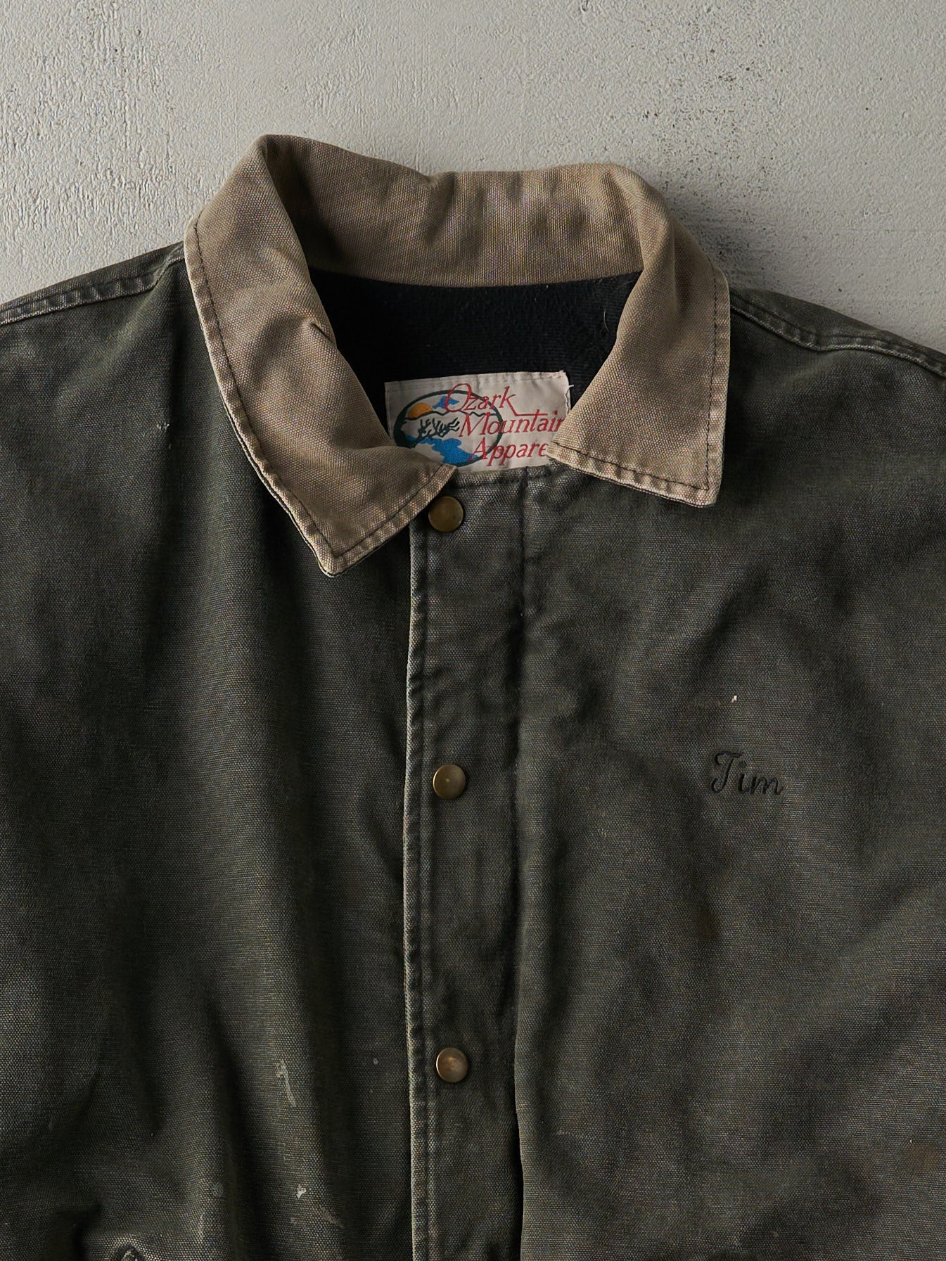 Vintage 90s Washed Green Embroidered "Jim" Collared Work Jacket (L/XL)