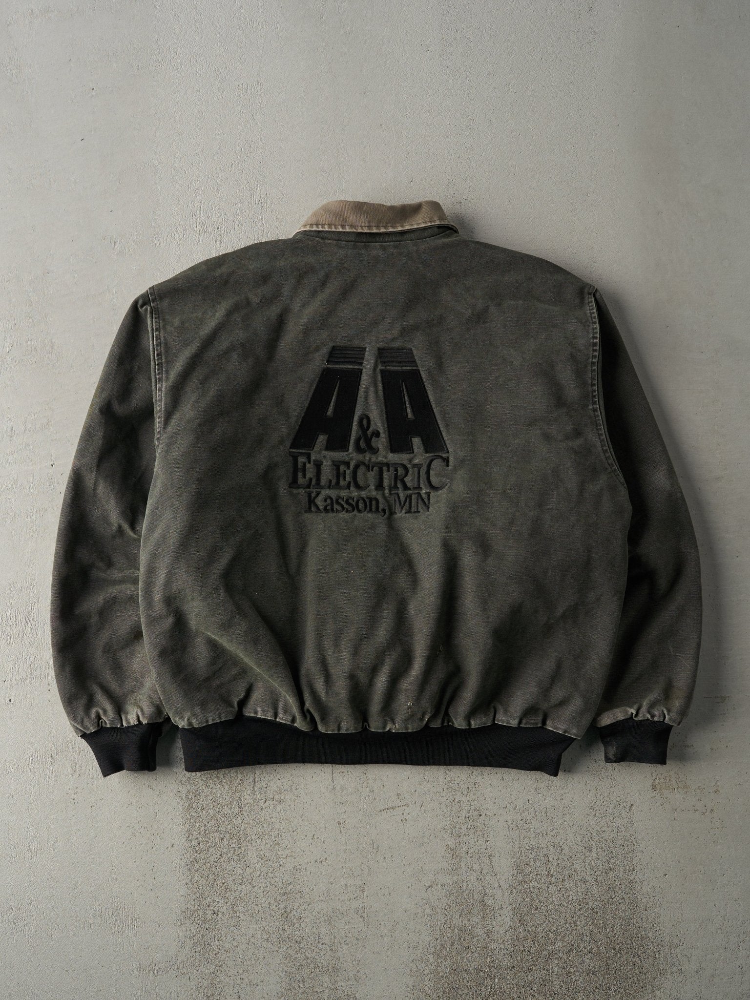 Vintage 90s Washed Green Embroidered "Jim" Collared Work Jacket (L/XL)