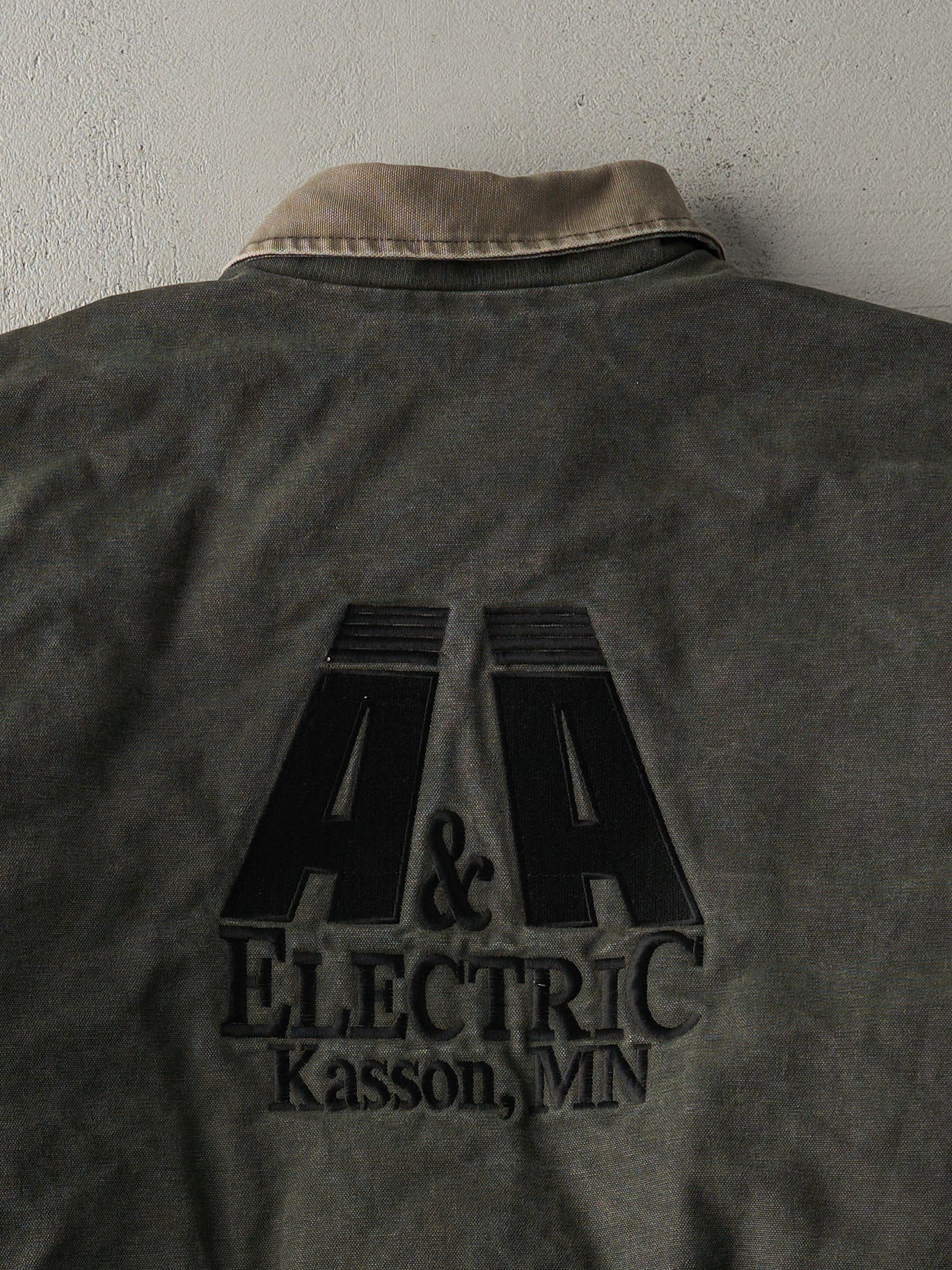 Vintage 90s Washed Green Embroidered "Jim" Collared Work Jacket (L/XL)