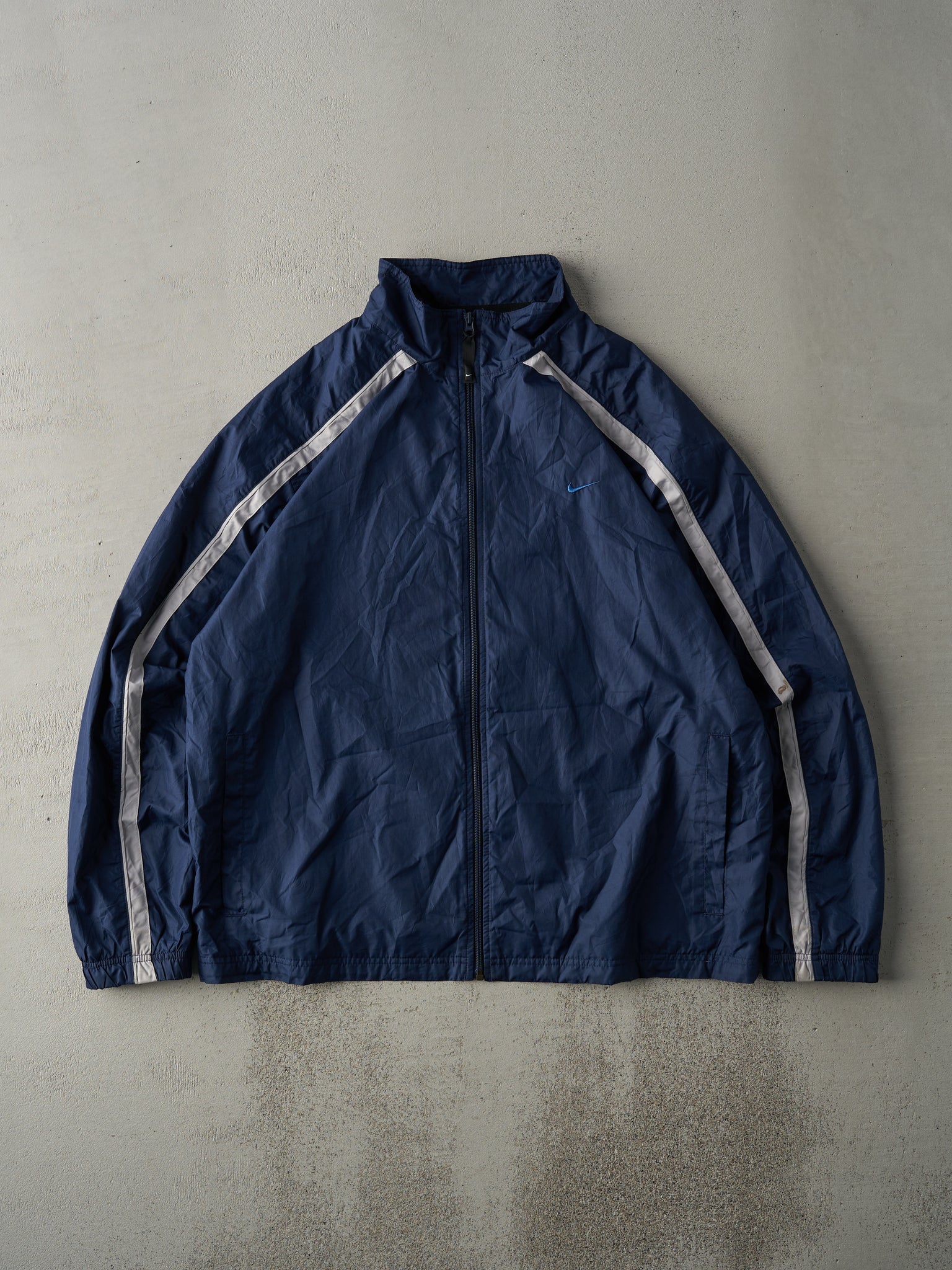 Vintage Y2K Navy Blue Reflective Stripe Nike Embroidered Windbreaker Jacket (L)