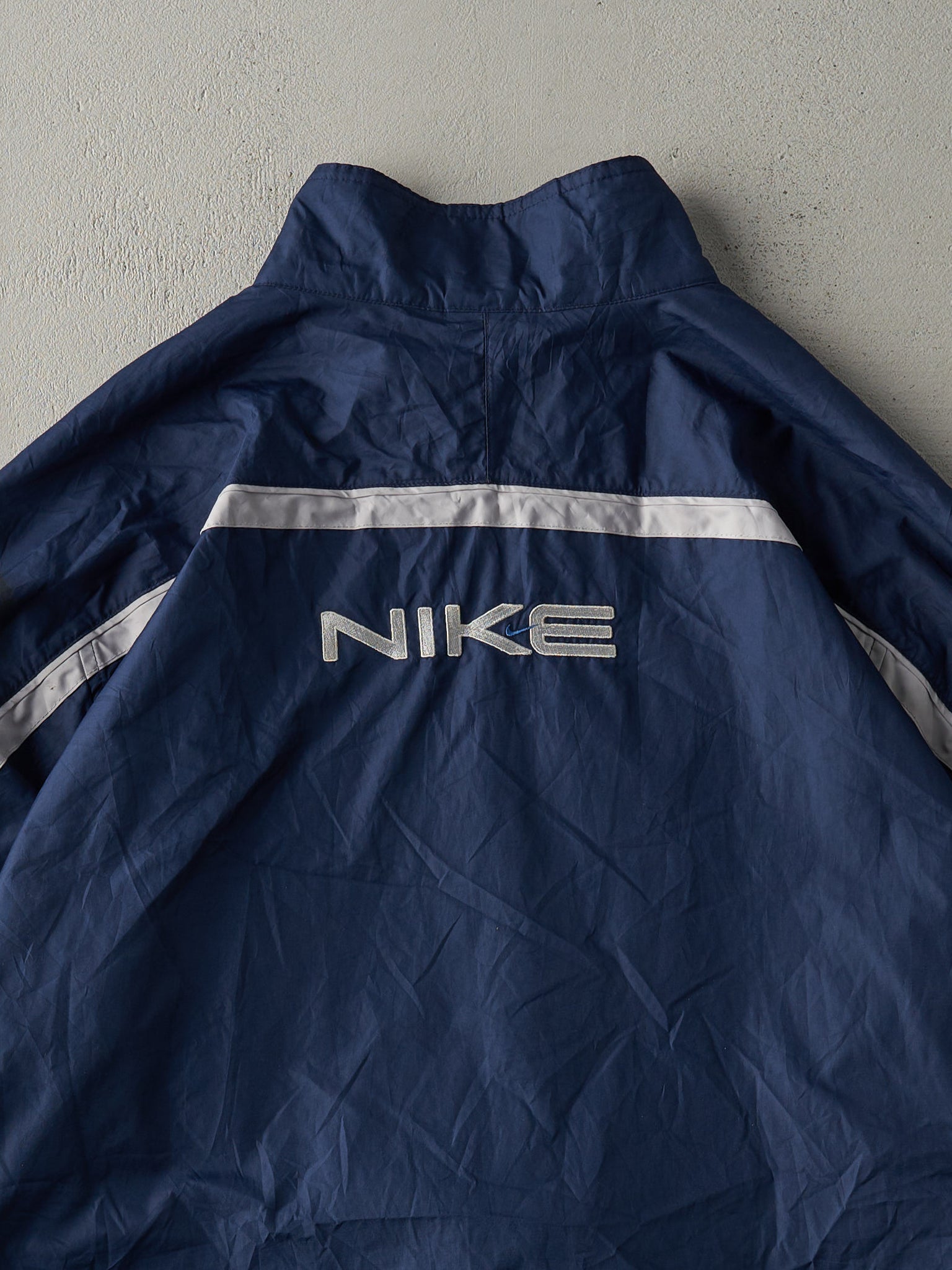 Vintage Y2K Navy Blue Reflective Stripe Nike Embroidered Windbreaker Jacket (L)