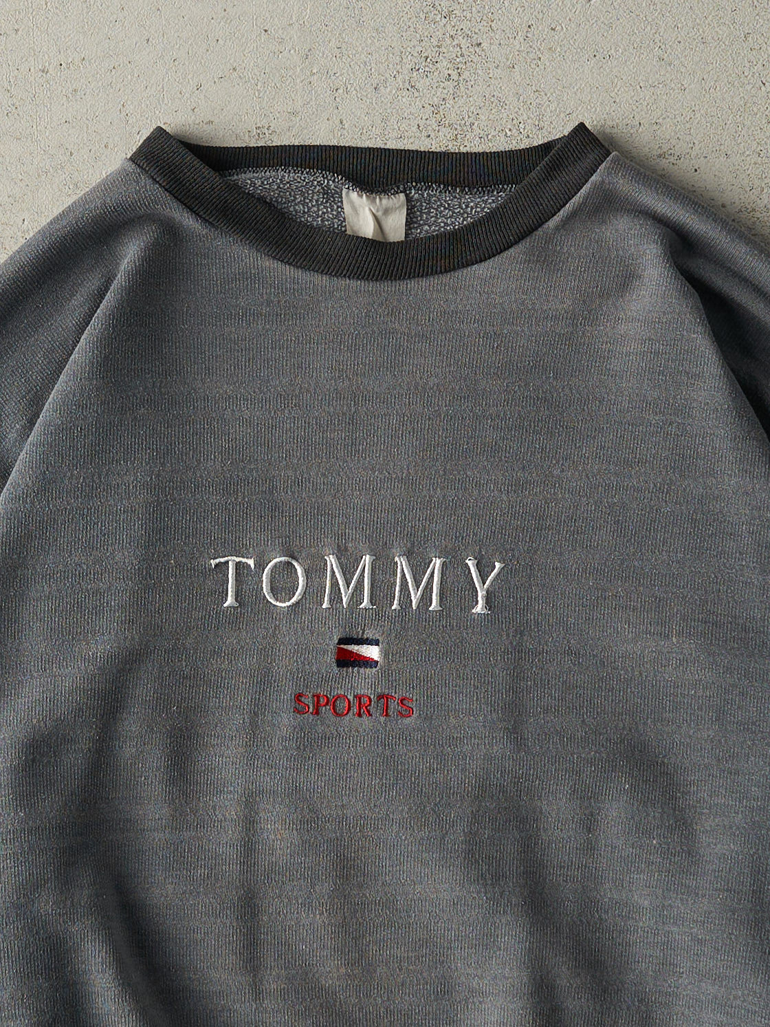 Vintage 90s Charcoal Grey & Black Tommy Hilfiger Bootleg Embroidered Crewneck (XL)