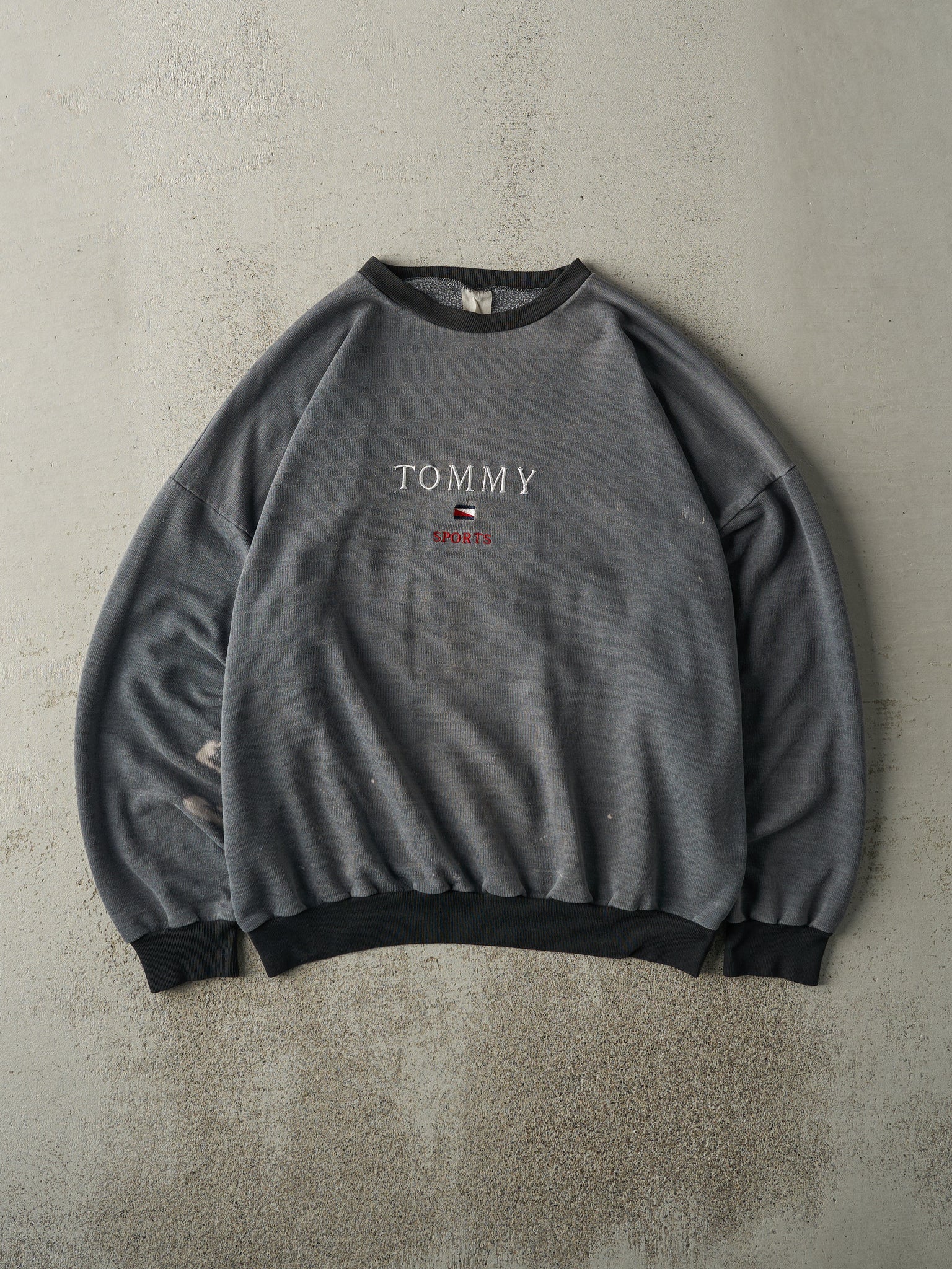 Vintage 90s Charcoal Grey & Black Tommy Hilfiger Bootleg Embroidered Crewneck (XL)