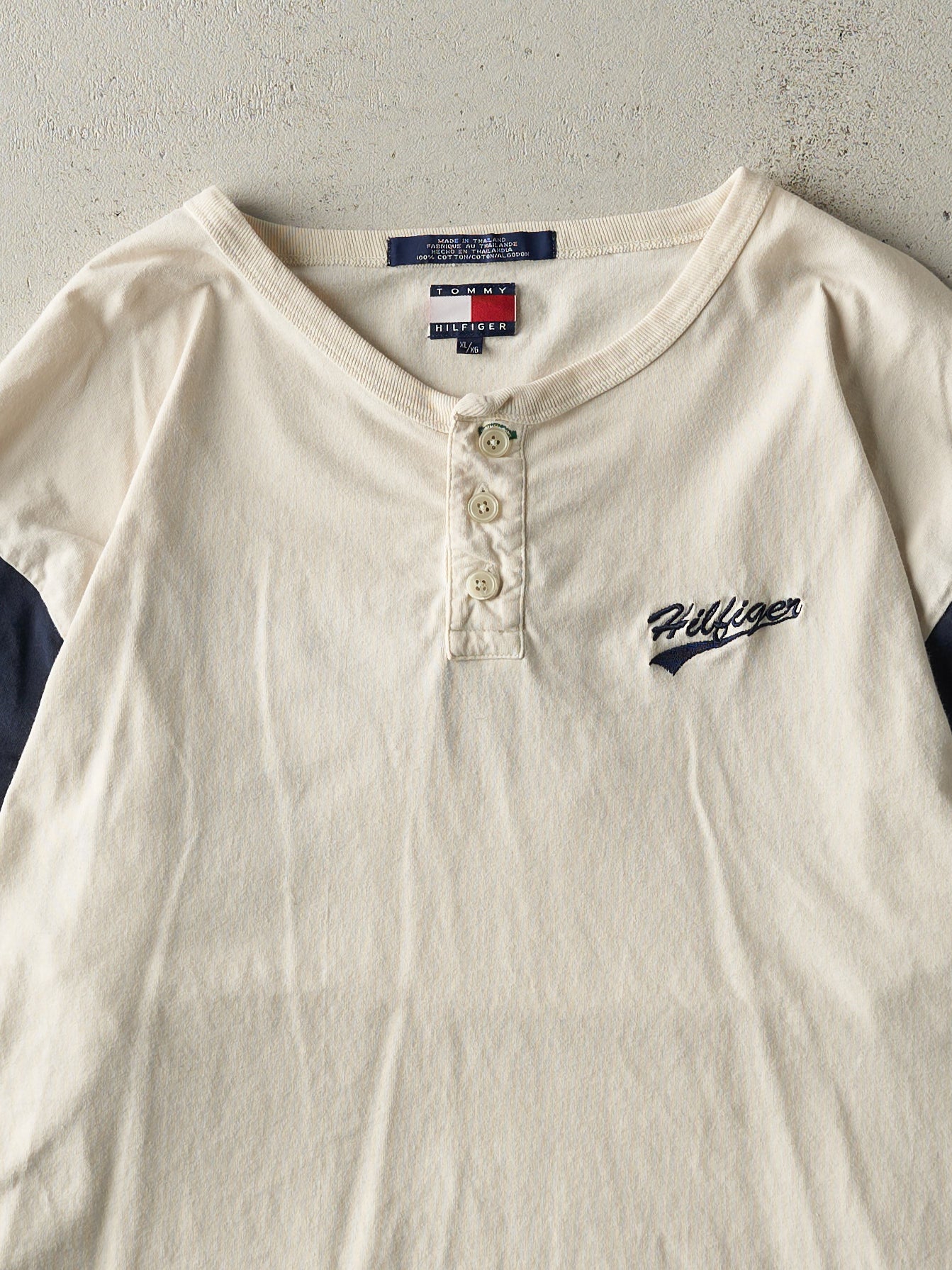 Vintage Y2K Beige & Navy Tommy Hilfiger Quarter Button Long Sleeve (L)