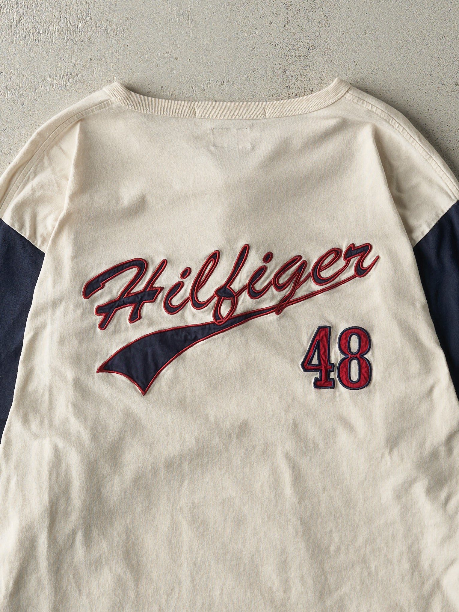 Vintage Y2K Beige & Navy Tommy Hilfiger Quarter Button Long Sleeve (L)