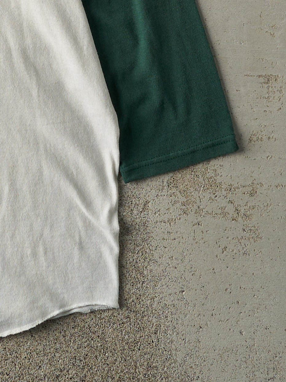 Vintage Y2K White & Green Blank Baseball Tee (M)