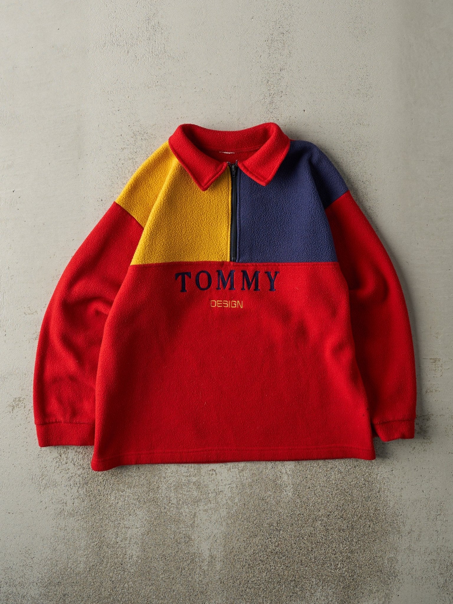 Vintage 90s Red Tommy Hilfiger Bootleg Quarter Zip Fleece Sweater (M)