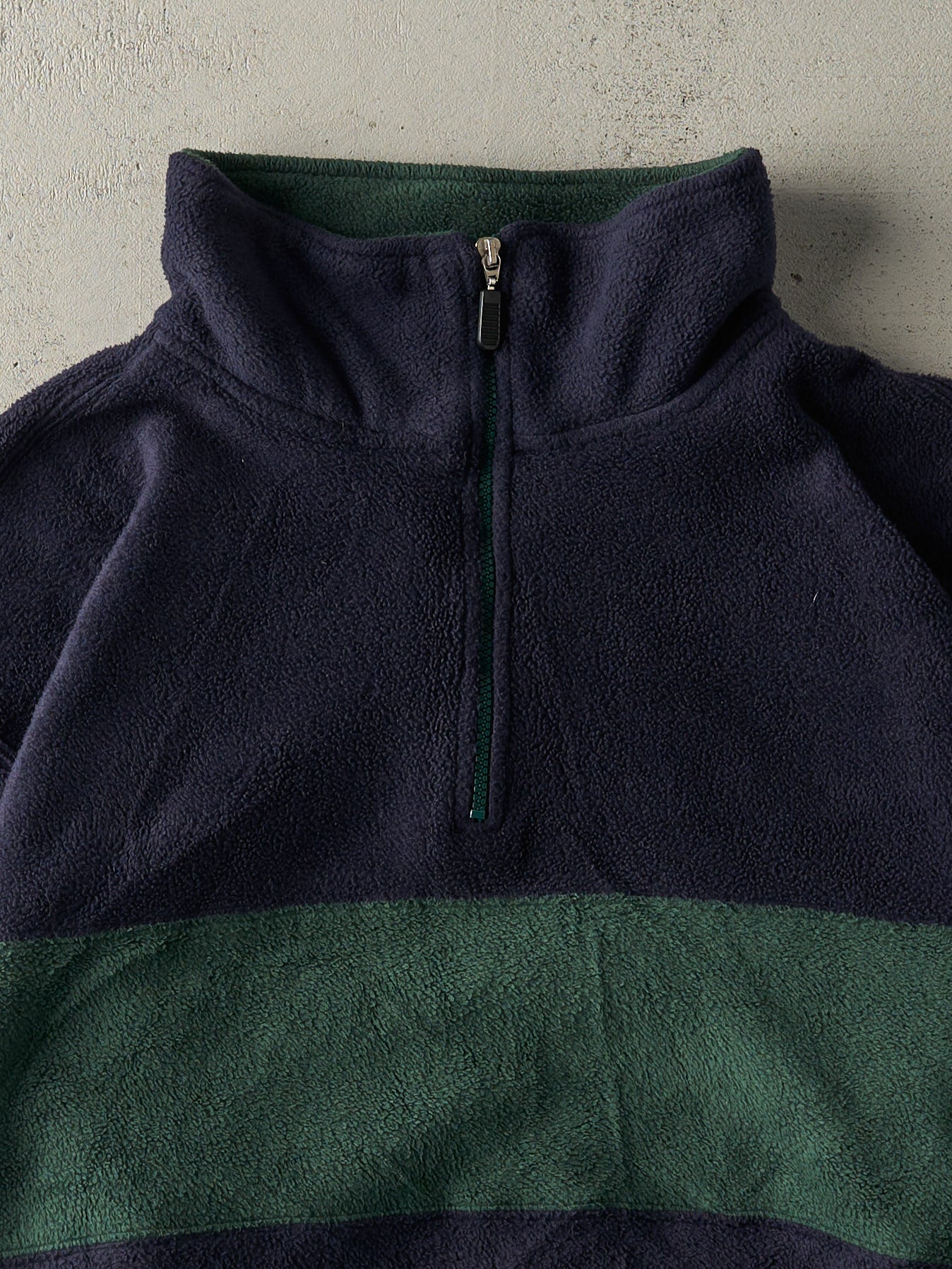 Vintage Y2K Navy Blue & Green Quarter Zip Fleece Pullover (XL/XXL)