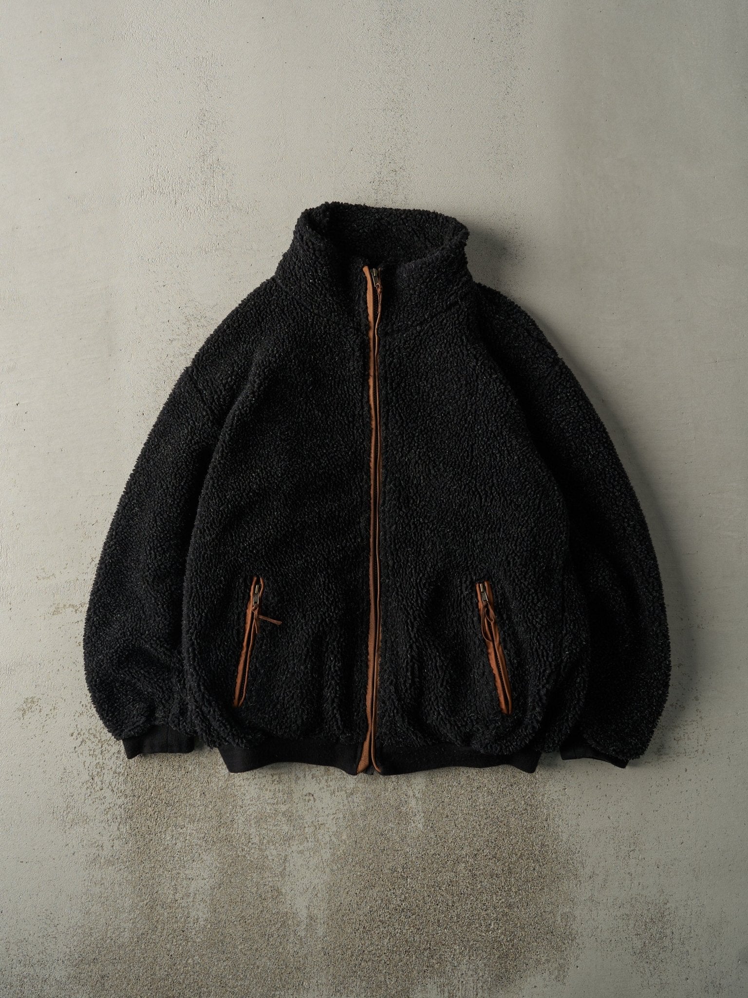 Vintage 90s Black Deep Pile Sherpa Zip Up Jacket (L/XL)