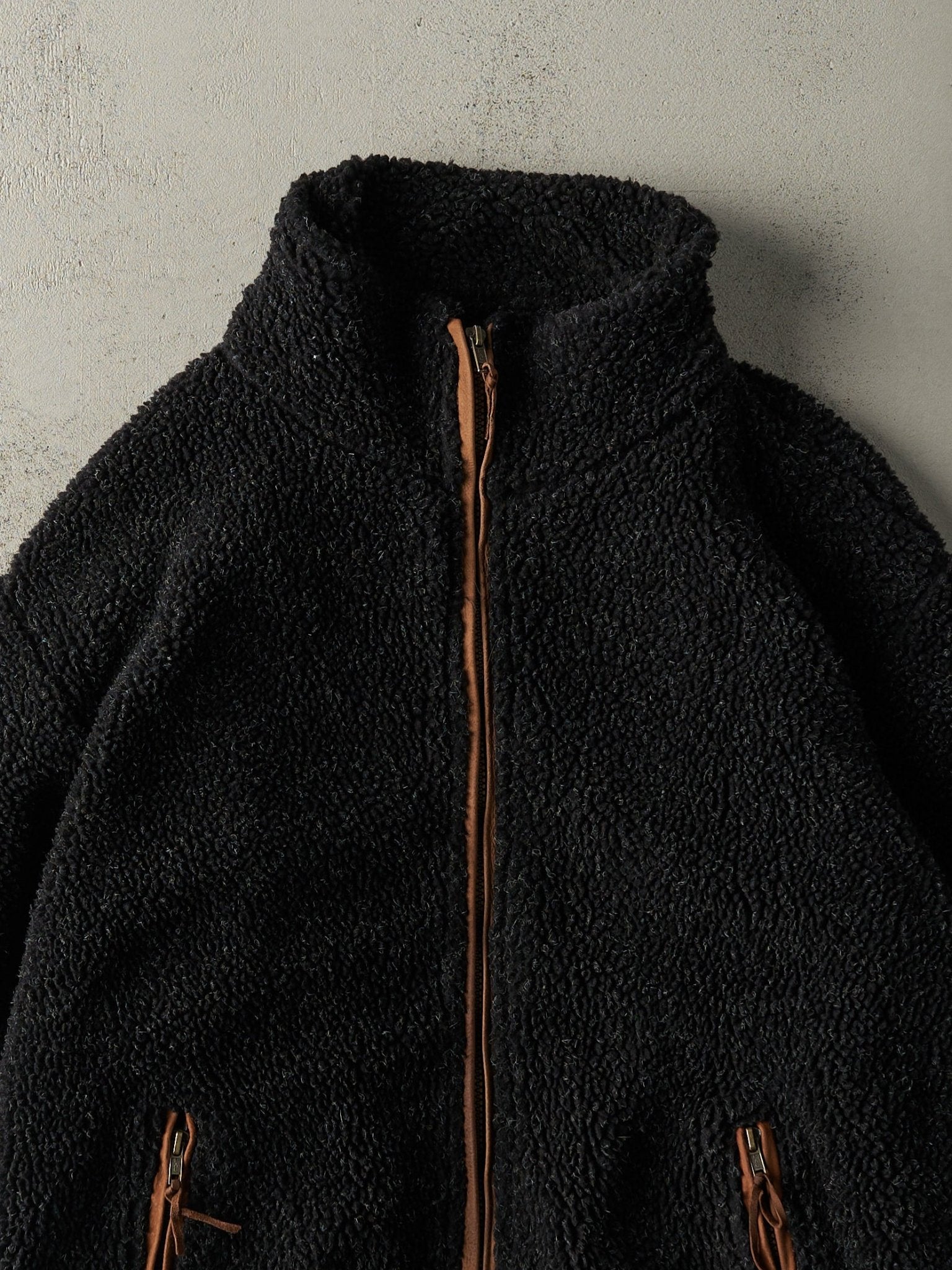 Vintage 90s Black Deep Pile Sherpa Zip Up Jacket (L/XL)