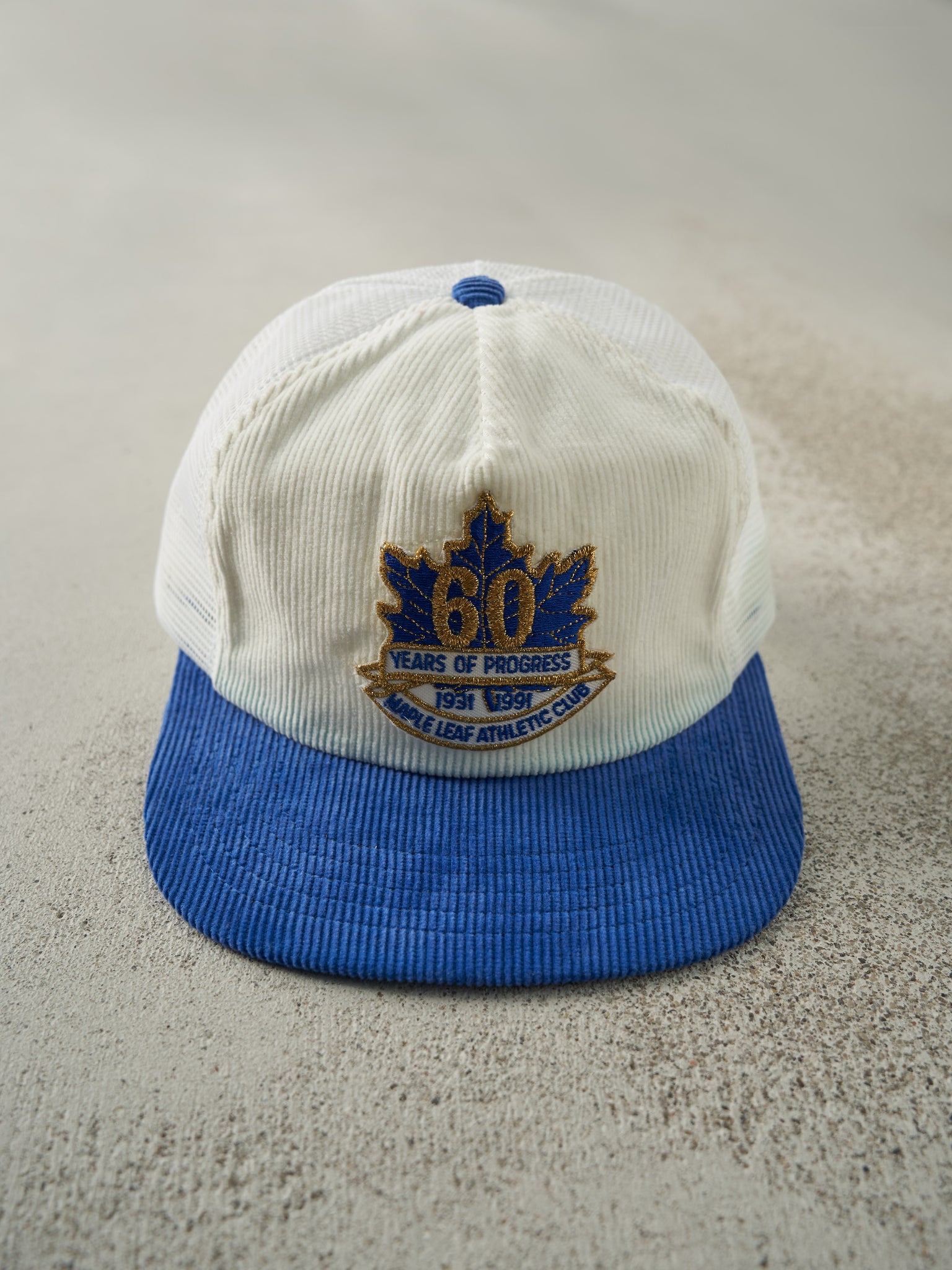 Vintage 91' White & Blue Maple Leaf Athletic Club Corduroy Trucker Hat