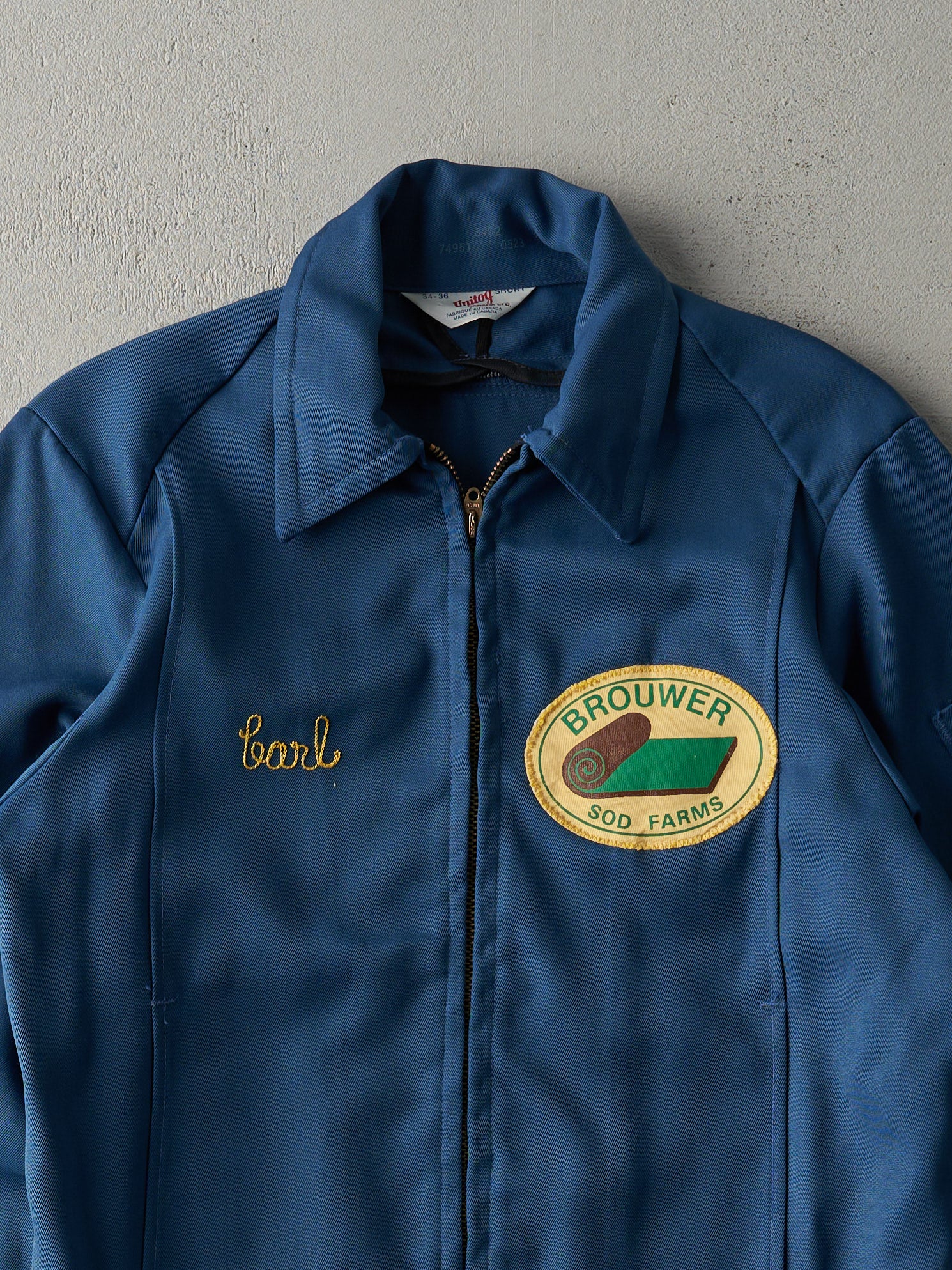 Vintage 70s Blue Brouwer Sod Farms Chain Stitched Workwear Jacket (S)