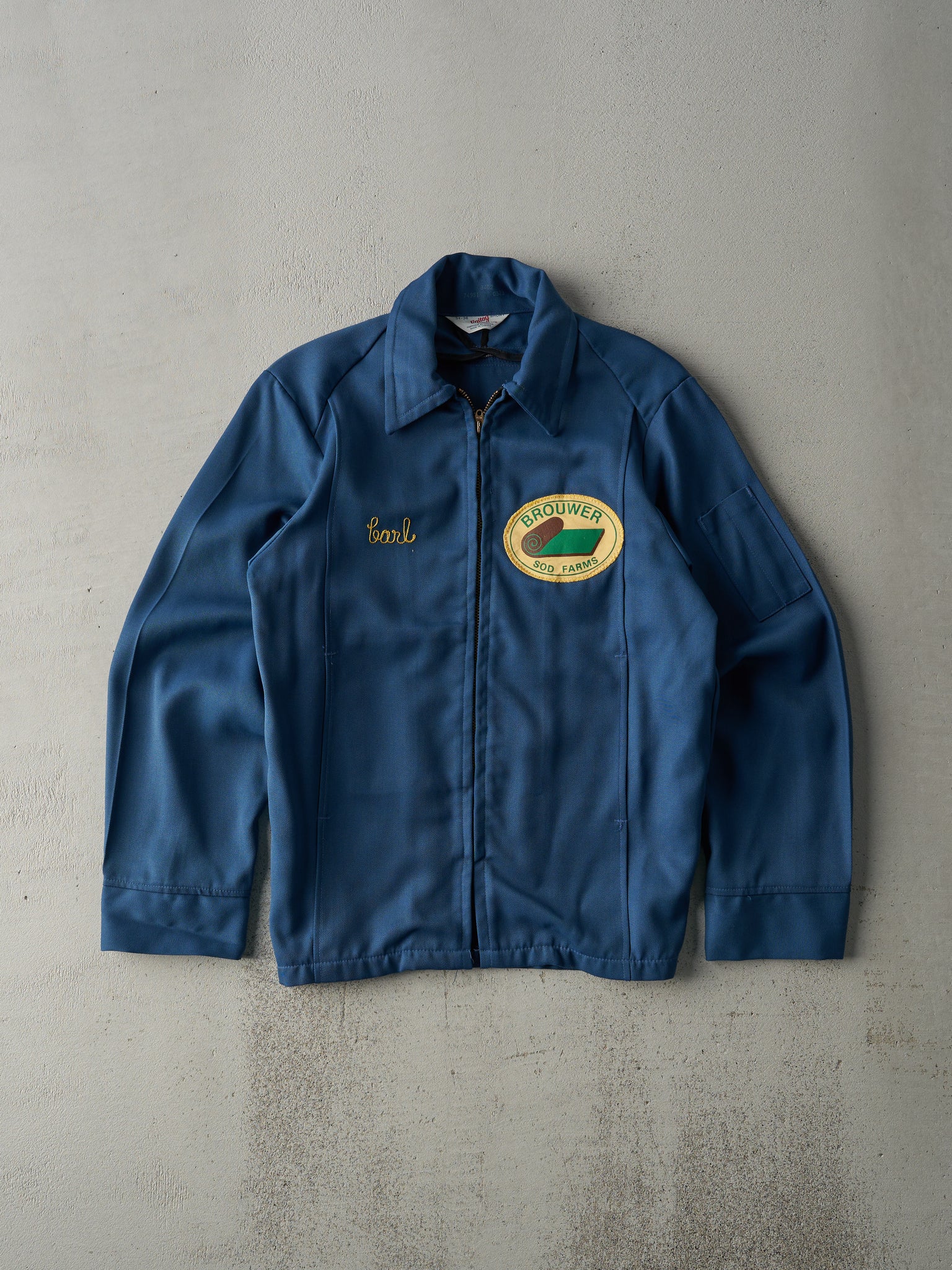 Vintage 70s Blue Brouwer Sod Farms Chain Stitched Workwear Jacket (S)