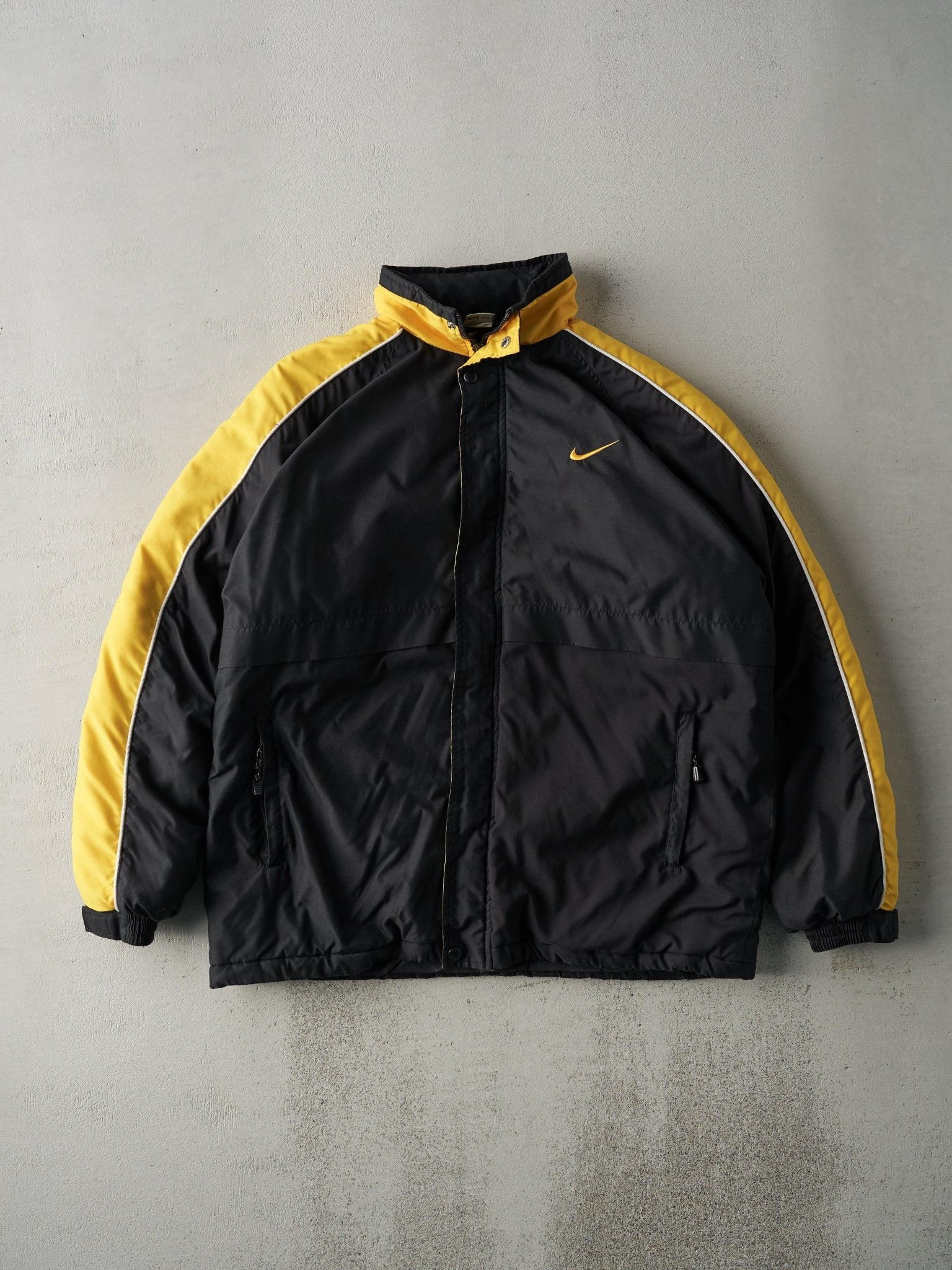 Vintage 90s Black and Yellow Nike Puffer Jacket (XL)