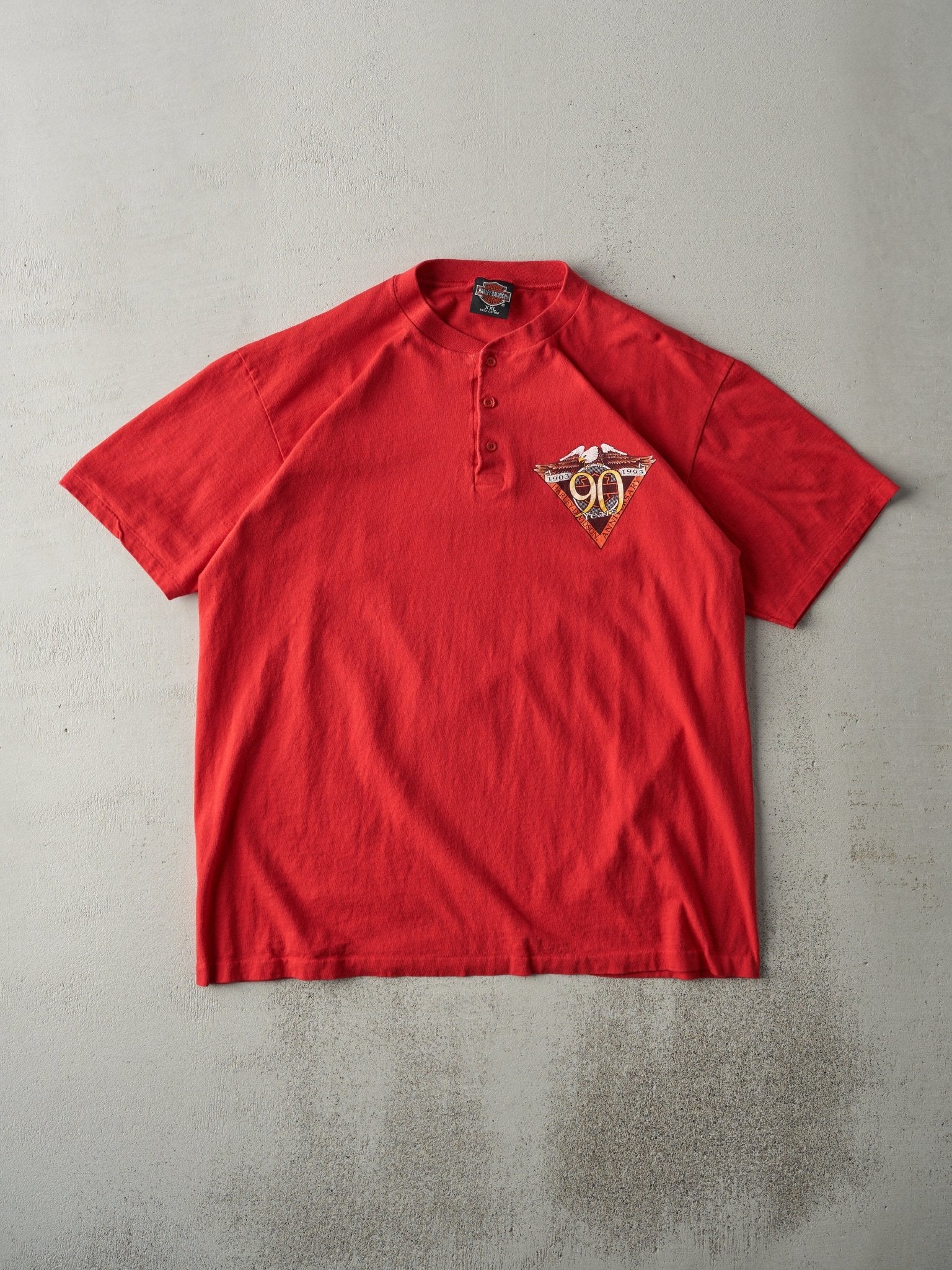 Vintage 93' Red Madison Wisconsin Harley Davidson Quarter Button Single Stitch Tee (L) no