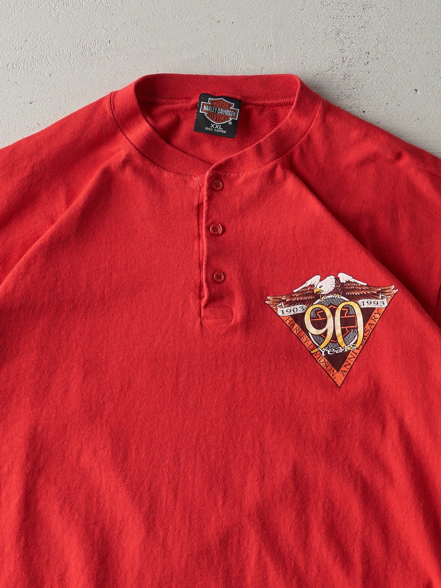 Vintage 93' Red Madison Wisconsin Harley Davidson Quarter Button Single Stitch Tee (L) no