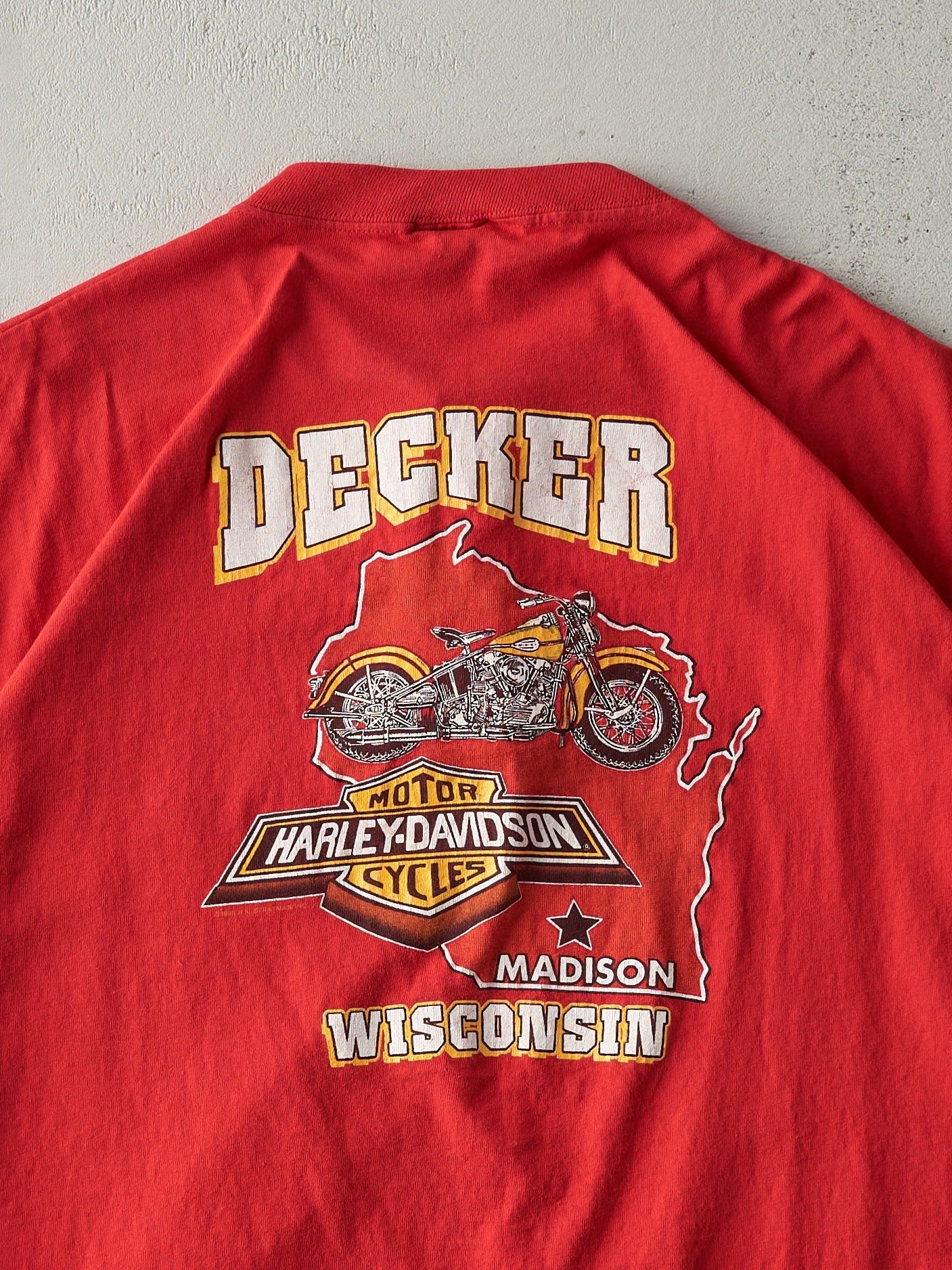 Vintage 93' Red Madison Wisconsin Harley Davidson Quarter Button Single Stitch Tee (L) no