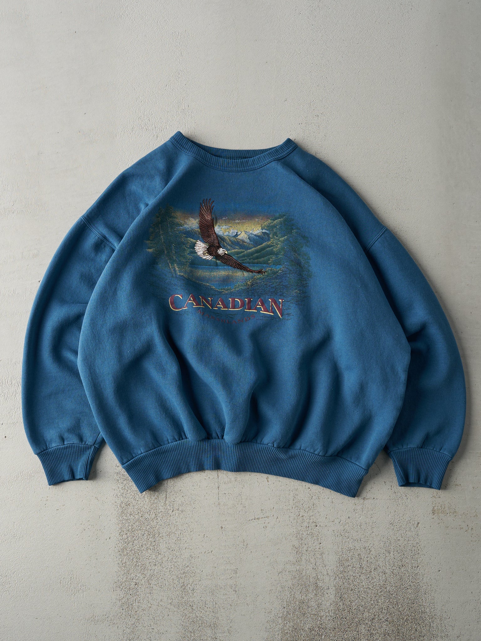 Vintage 90s Deep Teal Blue Canadian Marshlands Nature Crewneck (XL)